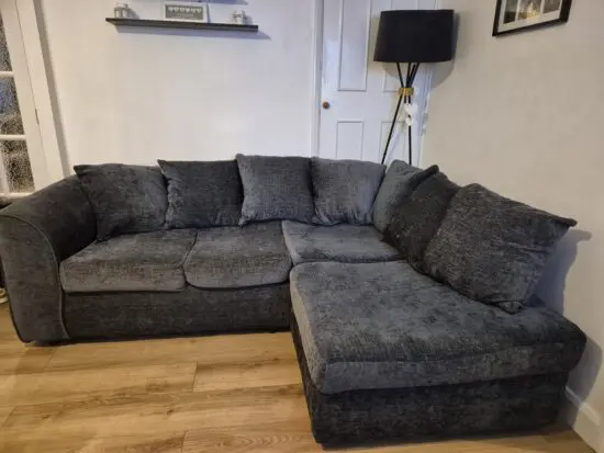 L Shape Sofa, 2 seater sofa and footstool - Grey