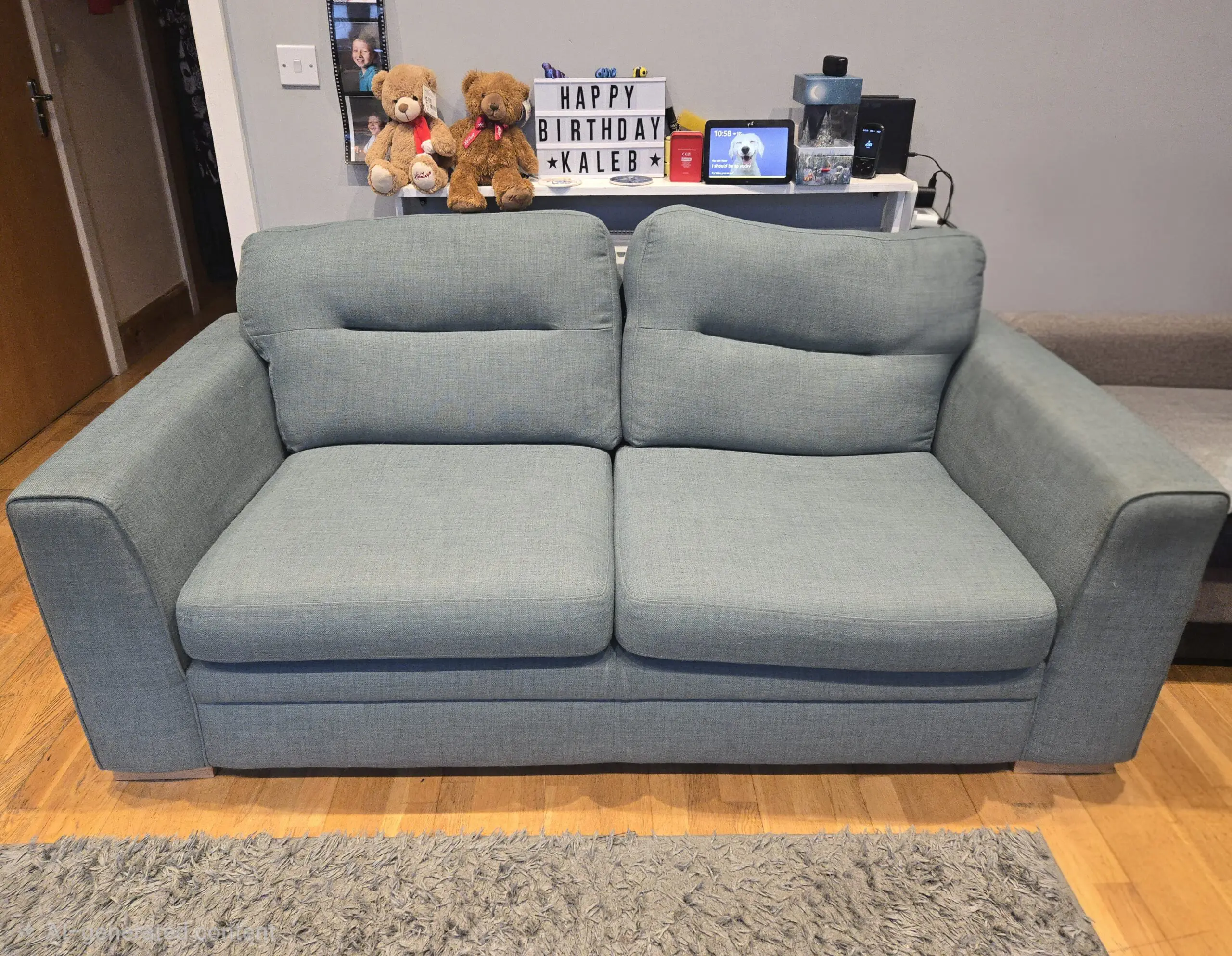 large 3 and 2 seater sofas in a light teal/blue colour