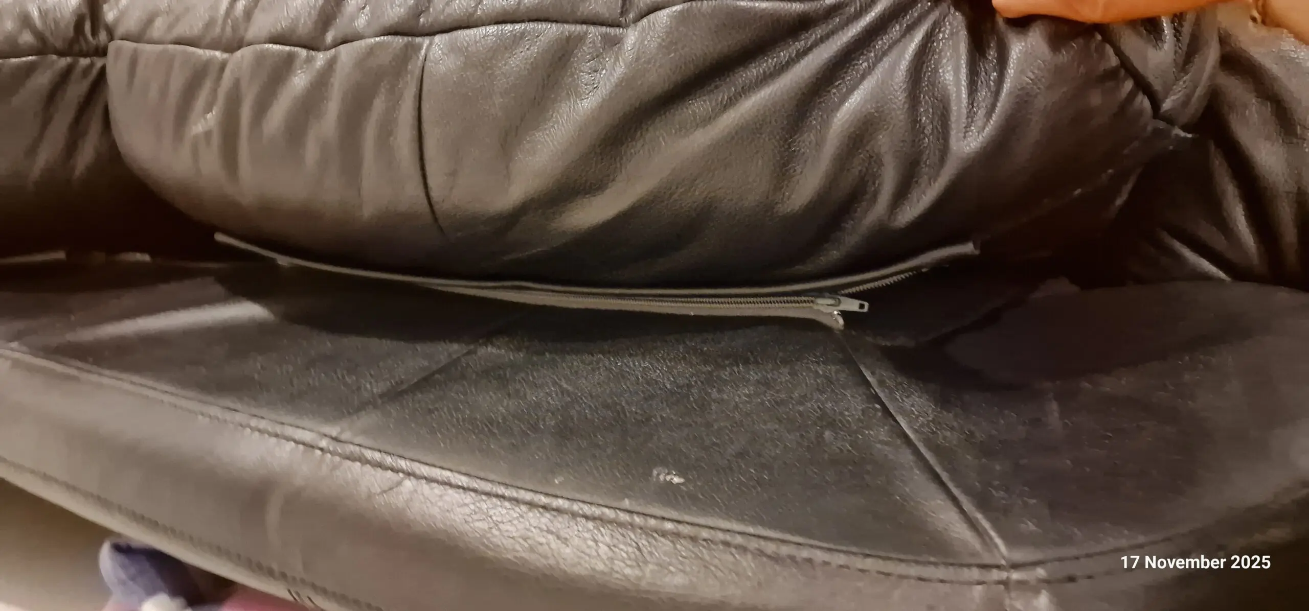 Genuine leather, 4 seater black sofa with pouffe