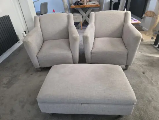 2 x DFS Grey Claudette Armchairs/Tub Chairs + Storage Footstall