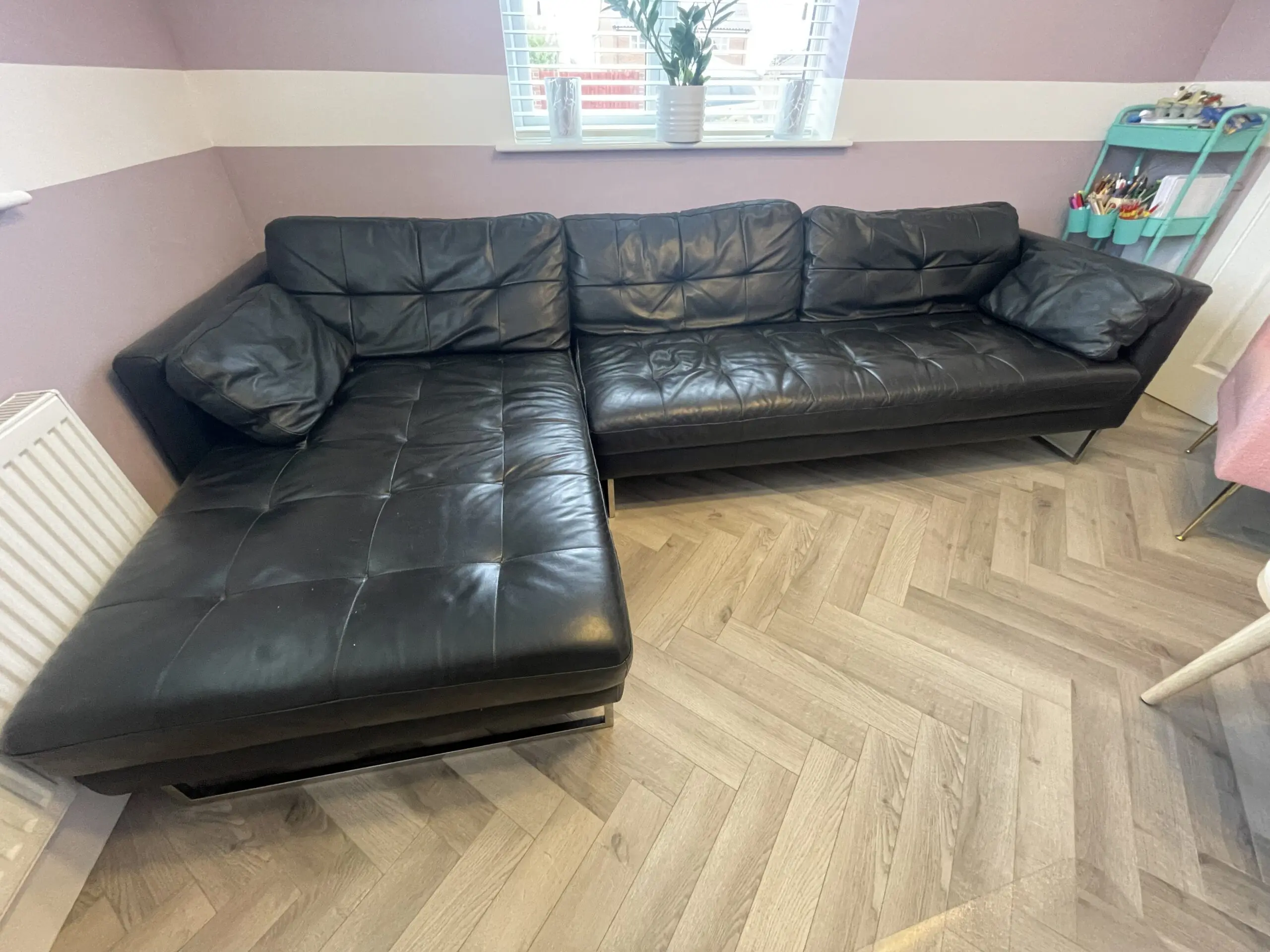 Dwell-Black leather Left Hand Facing 4 Seater chaise sofa