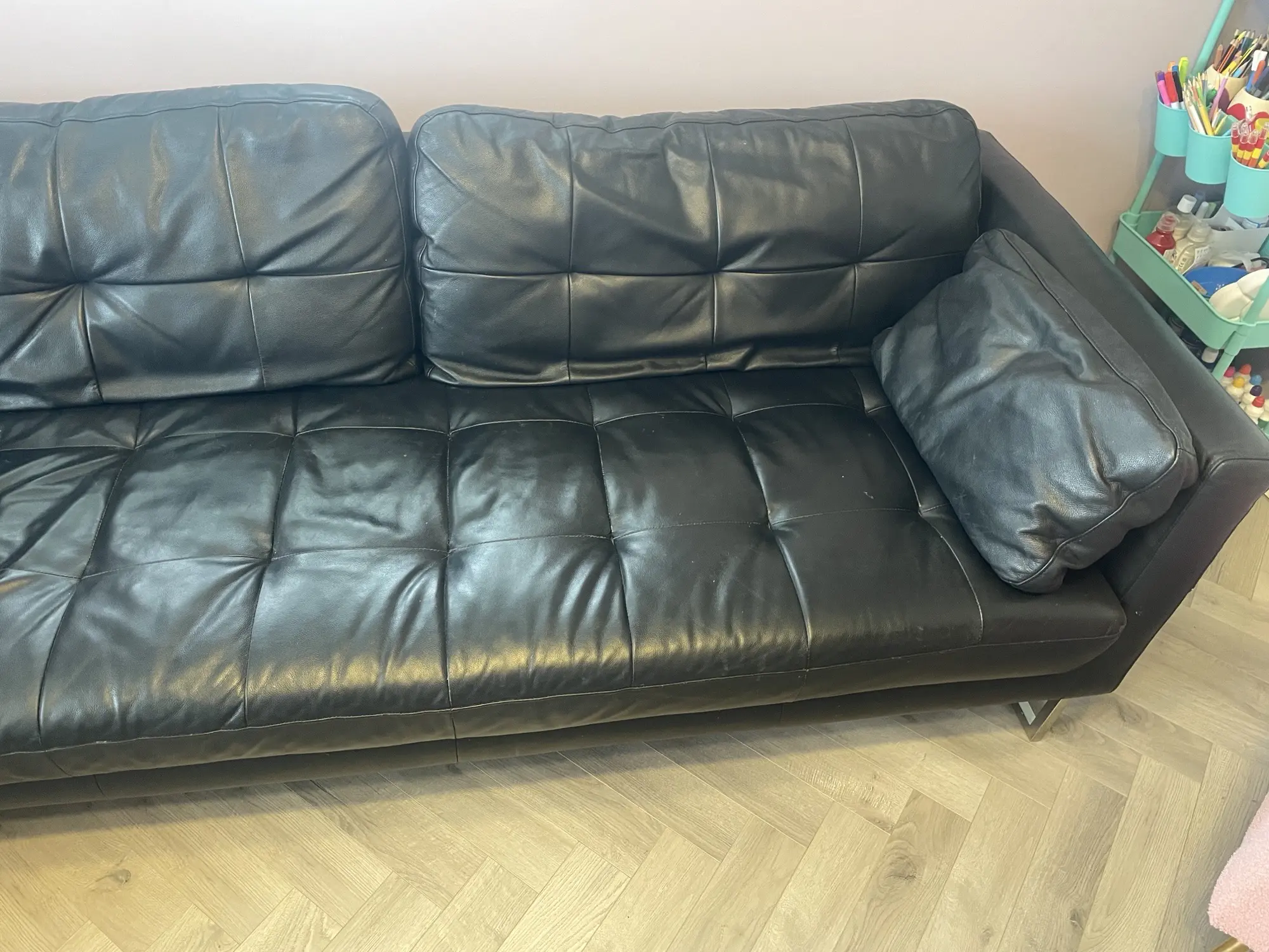 Dwell-Black leather Left Hand Facing 4 Seater chaise sofa