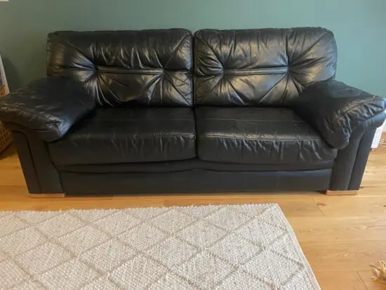 G plan 3 seater black leather sofa and chair