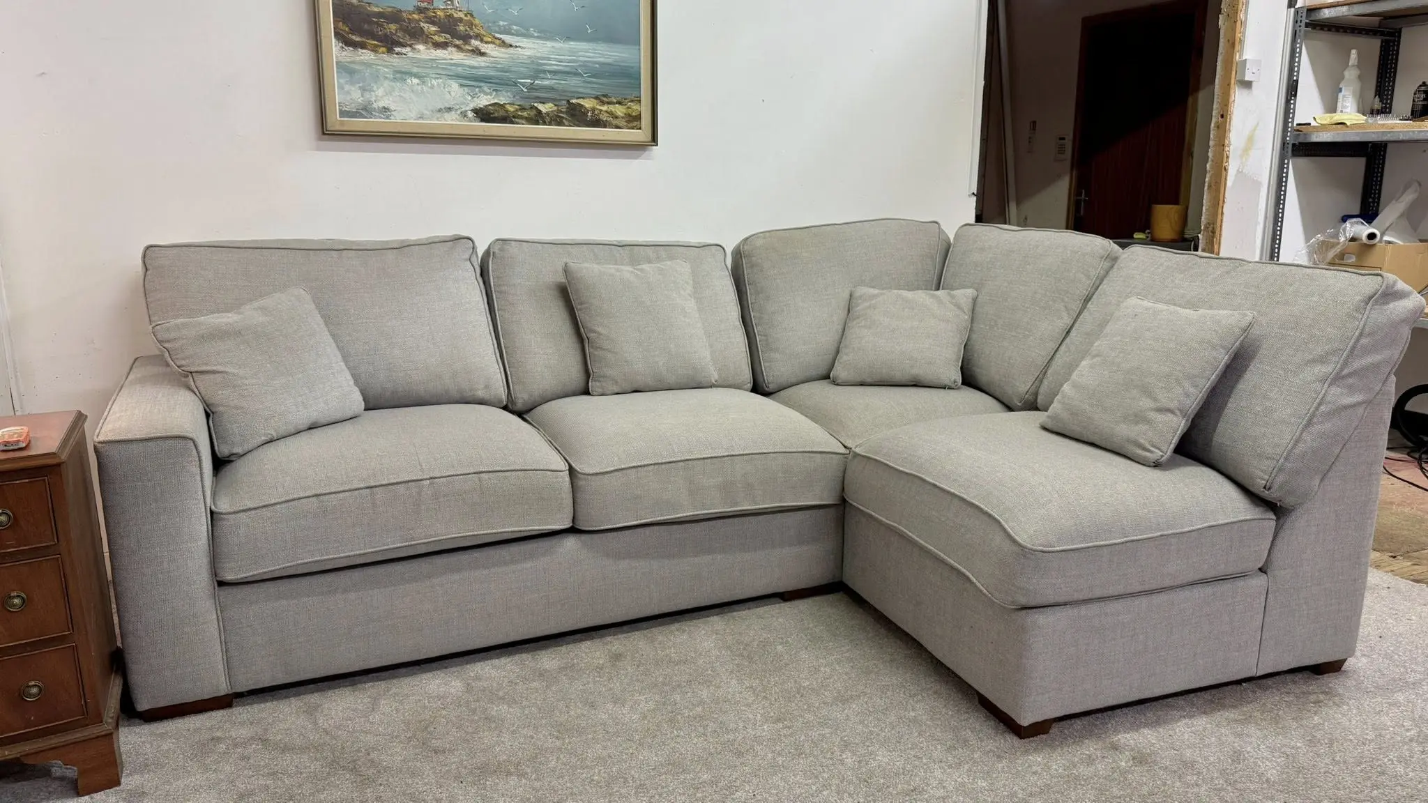 Next Grey L Shape Corner Sofa With High Back Cushions For Sale