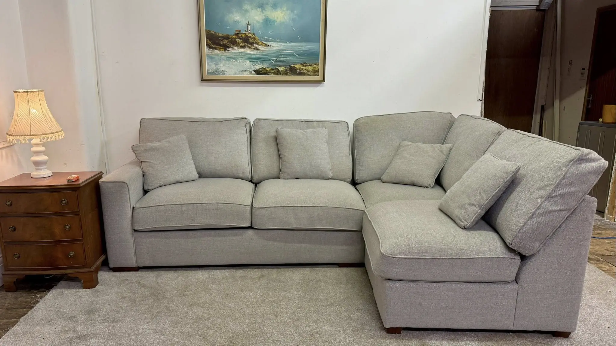 Next Grey L Shape Corner Sofa With High Back Cushions For Sale