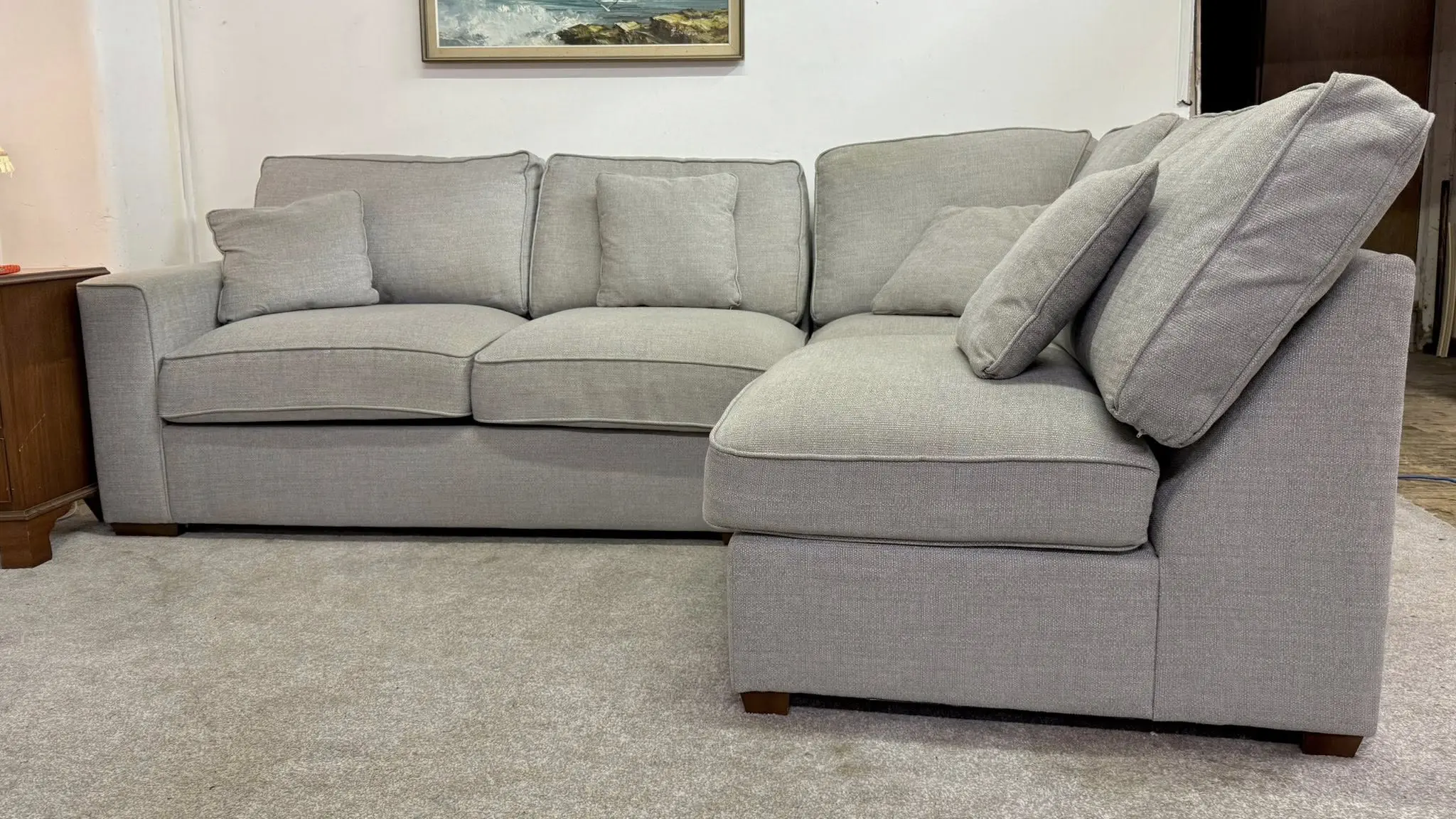 Next Grey L Shape Corner Sofa With High Back Cushions For Sale