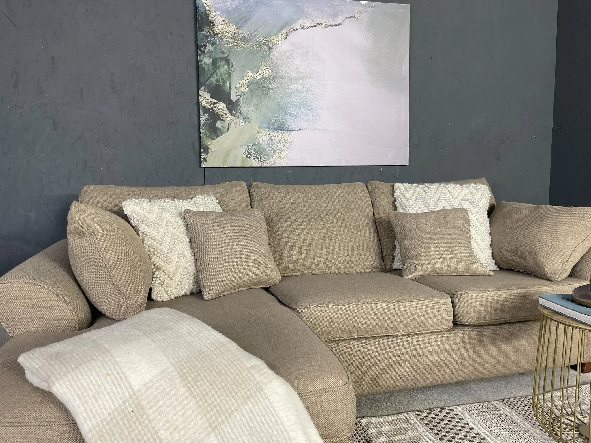 Next Beige L Shape Corner Sofa With High Back Cushions For Sale