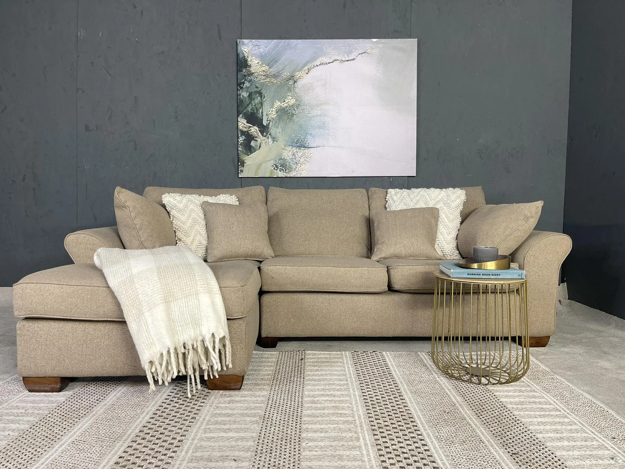 Next Beige L Shape Corner Sofa With High Back Cushions For Sale