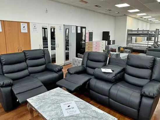 DFS black recliner 2 seater sofa and 3 seater leather sofa