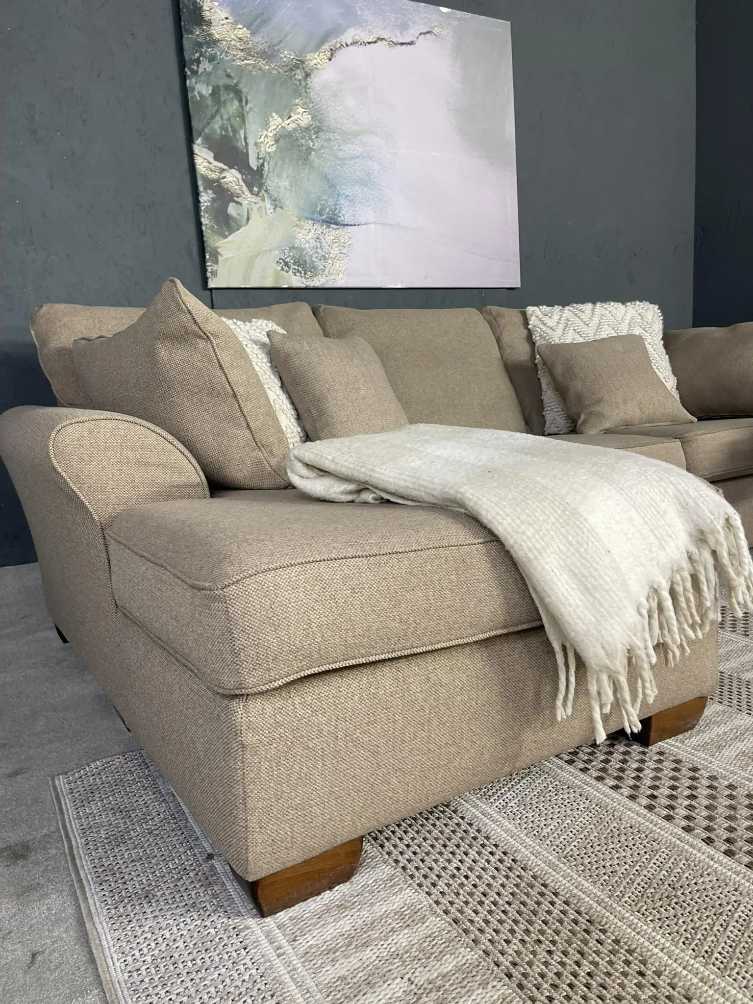 Next Beige L Shape Corner Sofa With High Back Cushions For Sale
