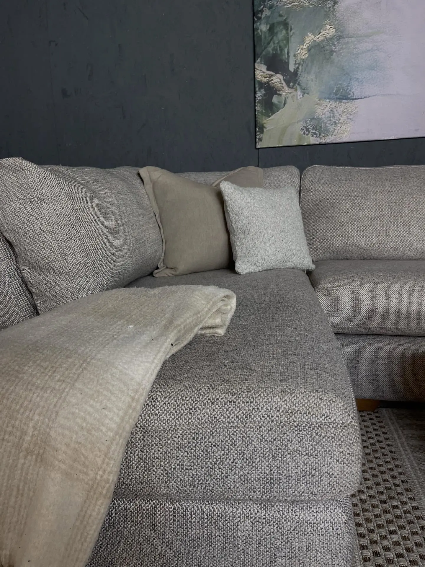 Sofology Beige L Shape Corner Sofa With High Back Cushions For Sale