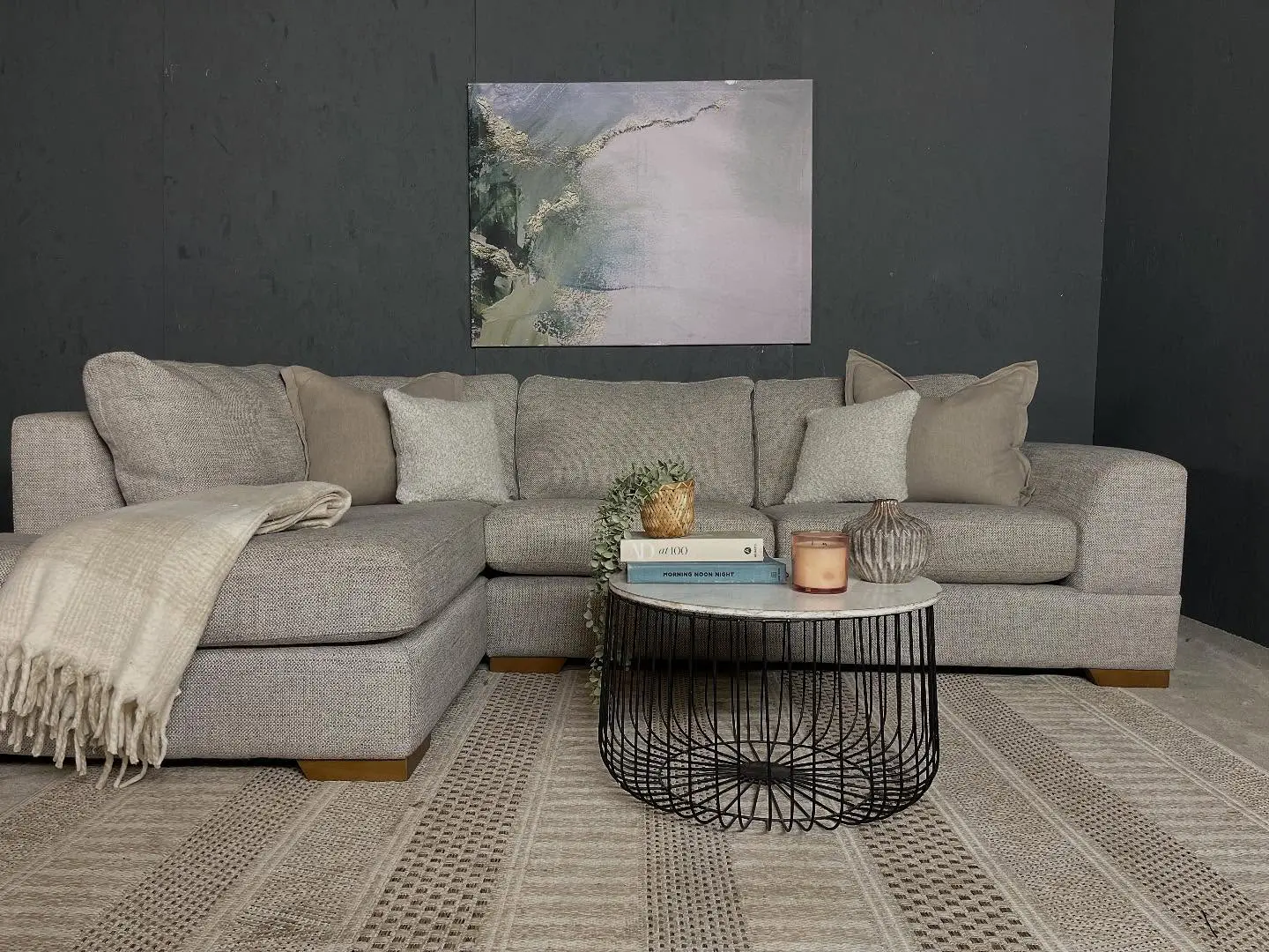 Sofology Beige L Shape Corner Sofa With High Back Cushions For Sale