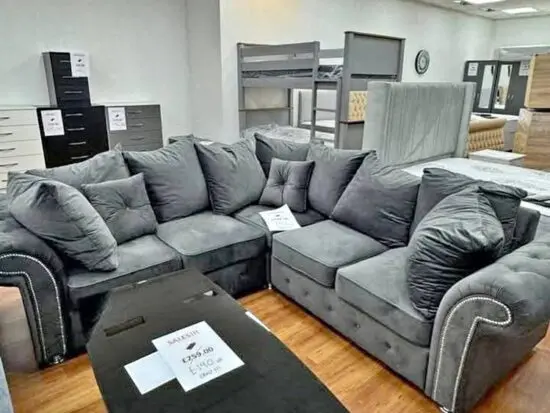 Never Used ¬ Grey 5 Seater Plush Velvet Corner Sofa