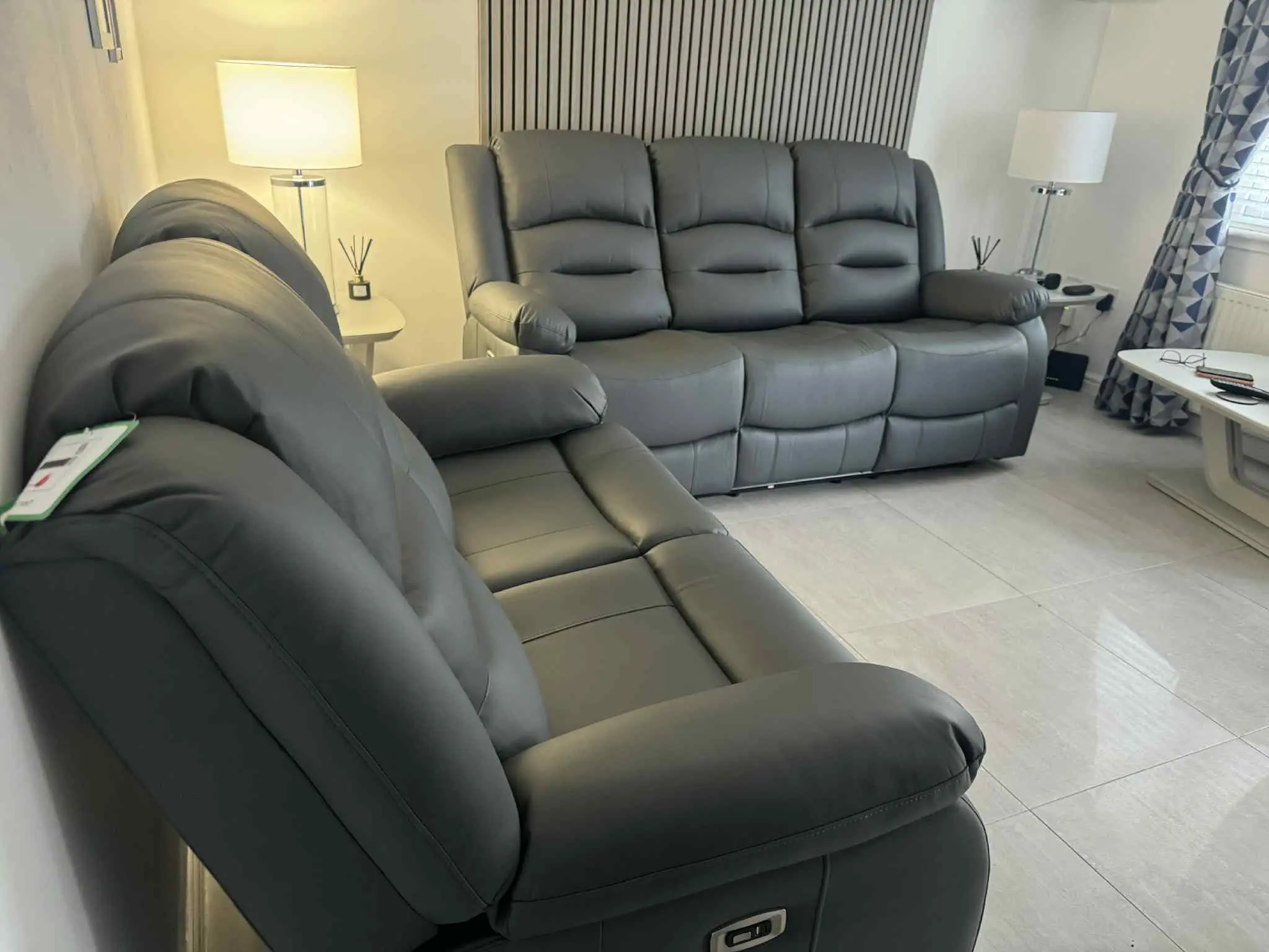 Roma 3+2 Seater Recliner Sofa Grey Aire Leather | Pull-Down Table | Cupholders