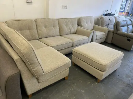 Beige French Connection L Shape Sofa, Matching Chair & Footstool