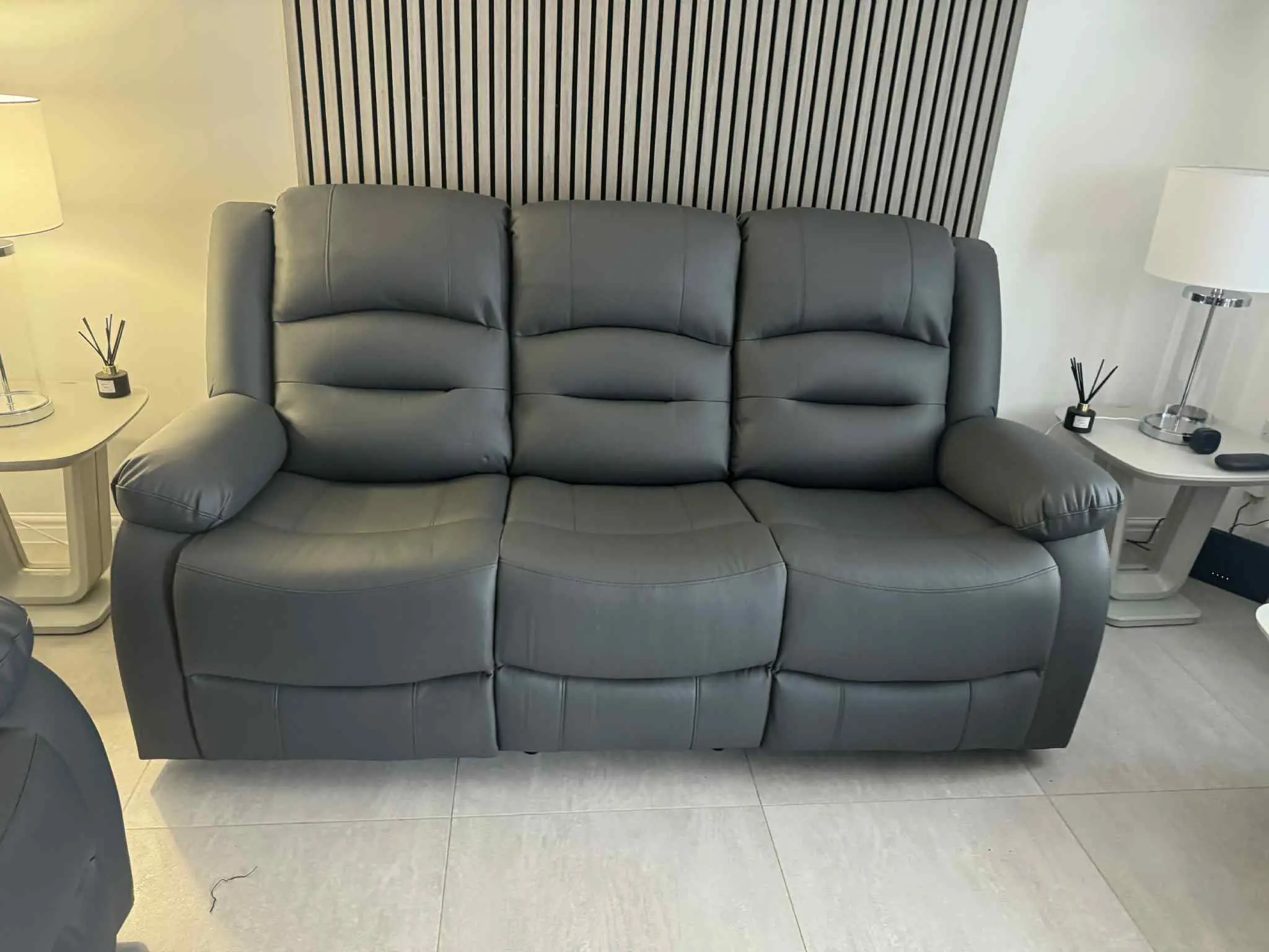 Roma 3+2 Seater Recliner Sofa Grey Aire Leather | Pull-Down Table | Cupholders