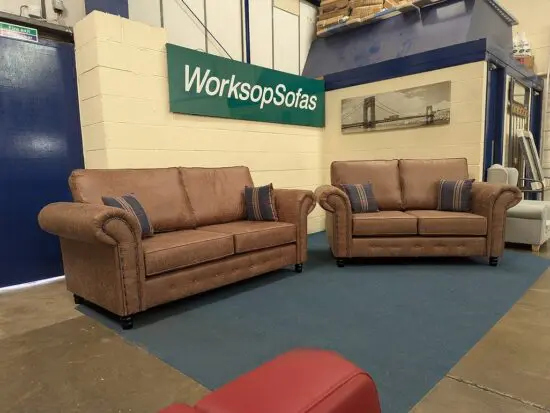 Brown Leather 3 Seater Sofa & 2 Seater Sofa with High Back Cushions For Sale COD