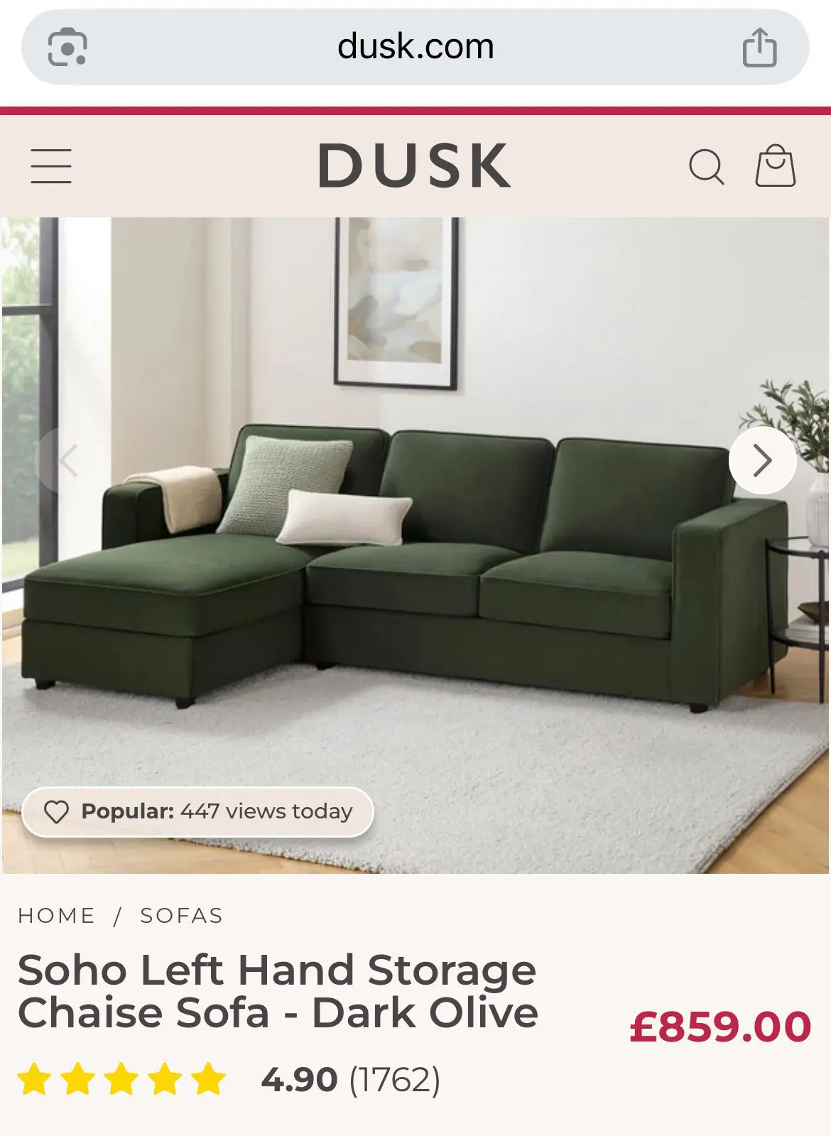 Soho Left Hand Storage Chaise Sofa - Dark Olive