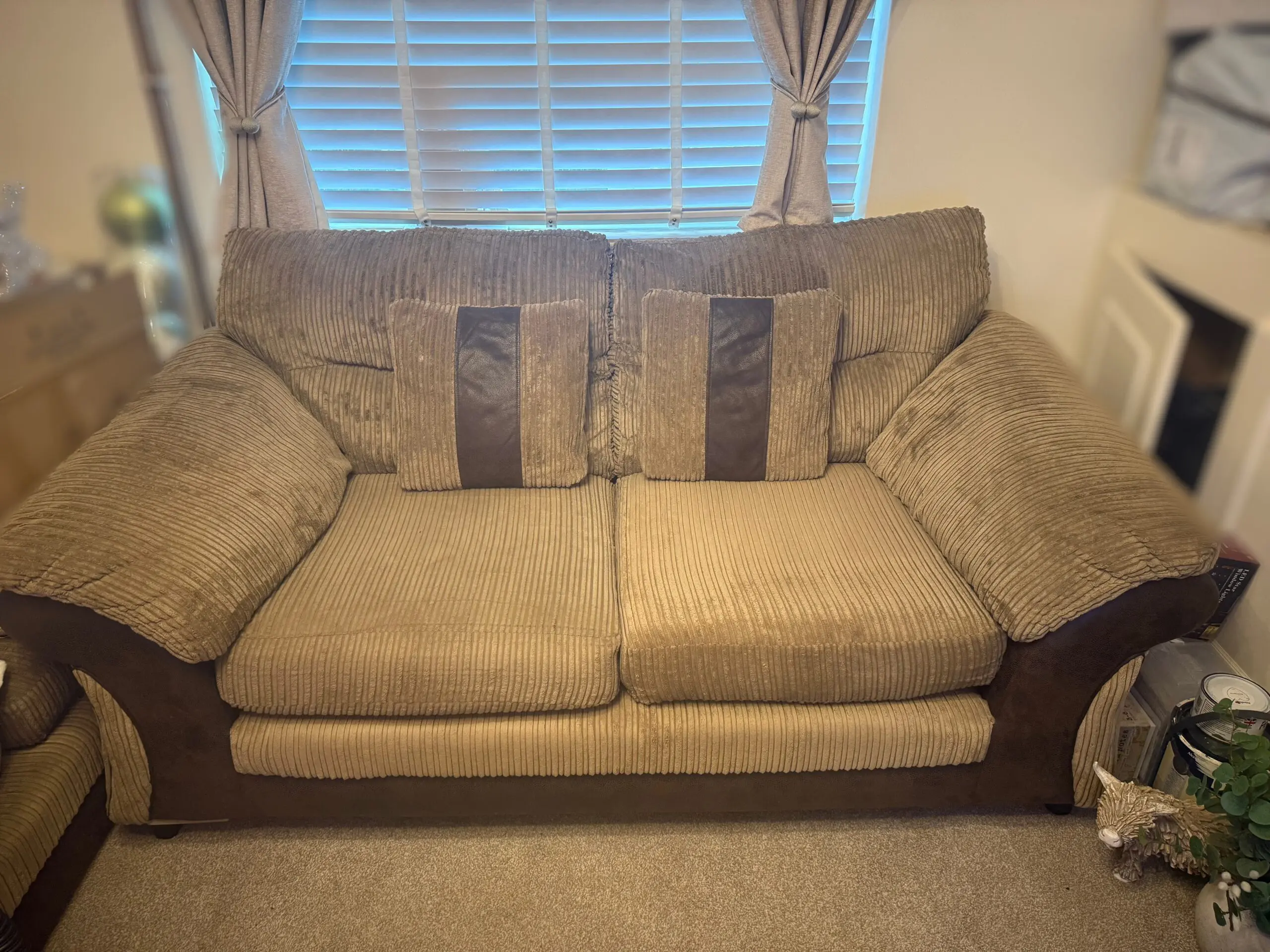 DFS light brown corduroy sofas with dark brown faux leather trim