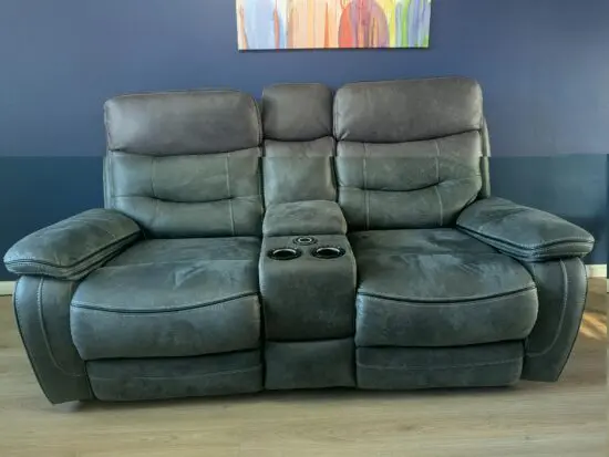 ABODE FURNITURE OUTLET FABRIC BLACK RECLINING CINEMA SOFA