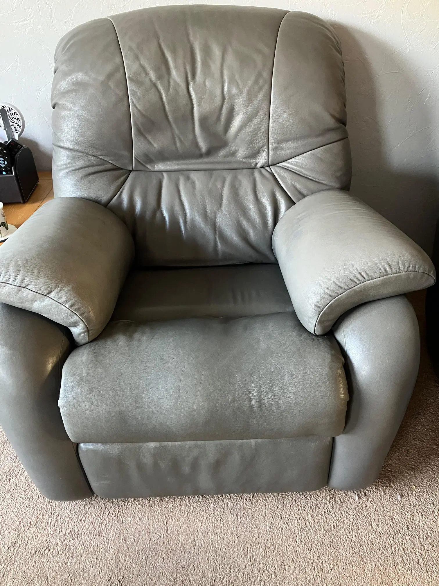 G-Plan light grey leather power reclining sofa and chair, with matching non-reclining sofa and storage footstool