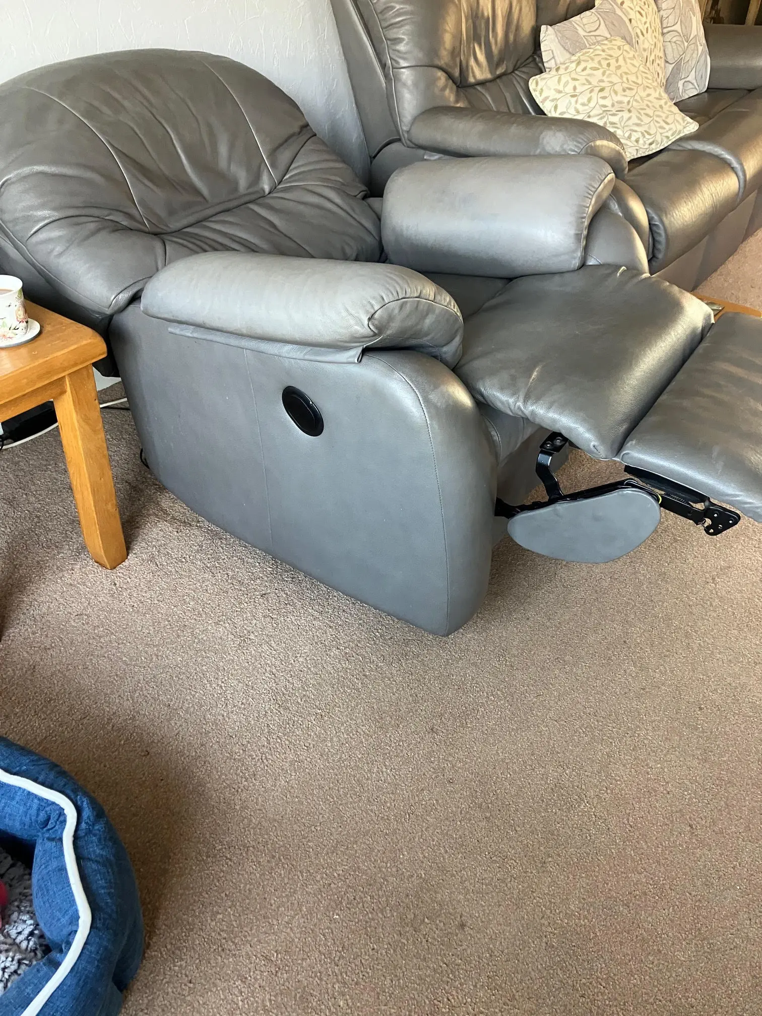 G-Plan light grey leather power reclining sofa and chair, with matching non-reclining sofa and storage footstool