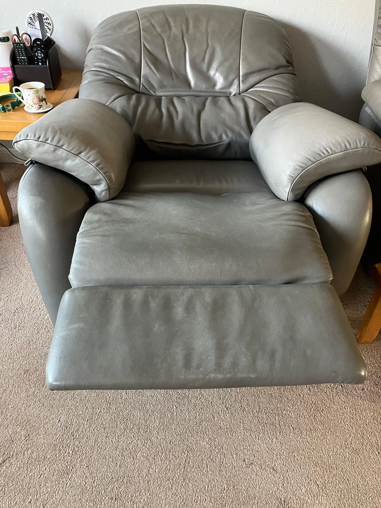 G-Plan light grey leather power reclining sofa and chair, with matching non-reclining sofa and storage footstool