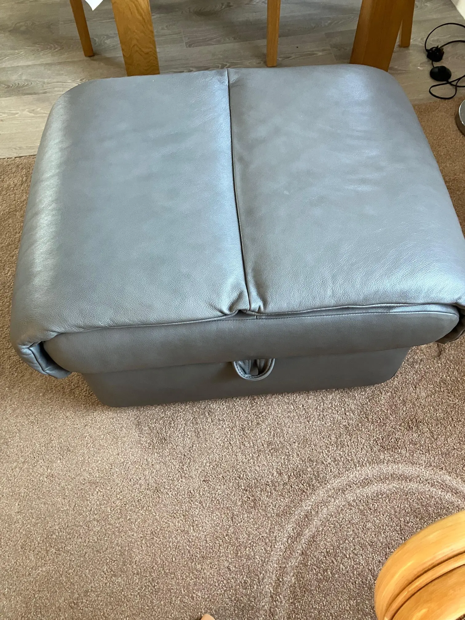 G-Plan light grey leather power reclining sofa and chair, with matching non-reclining sofa and storage footstool