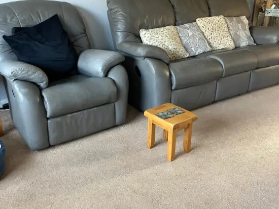 G-Plan light grey leather power reclining sofa and chair, with matching non-reclining sofa and storage footstool