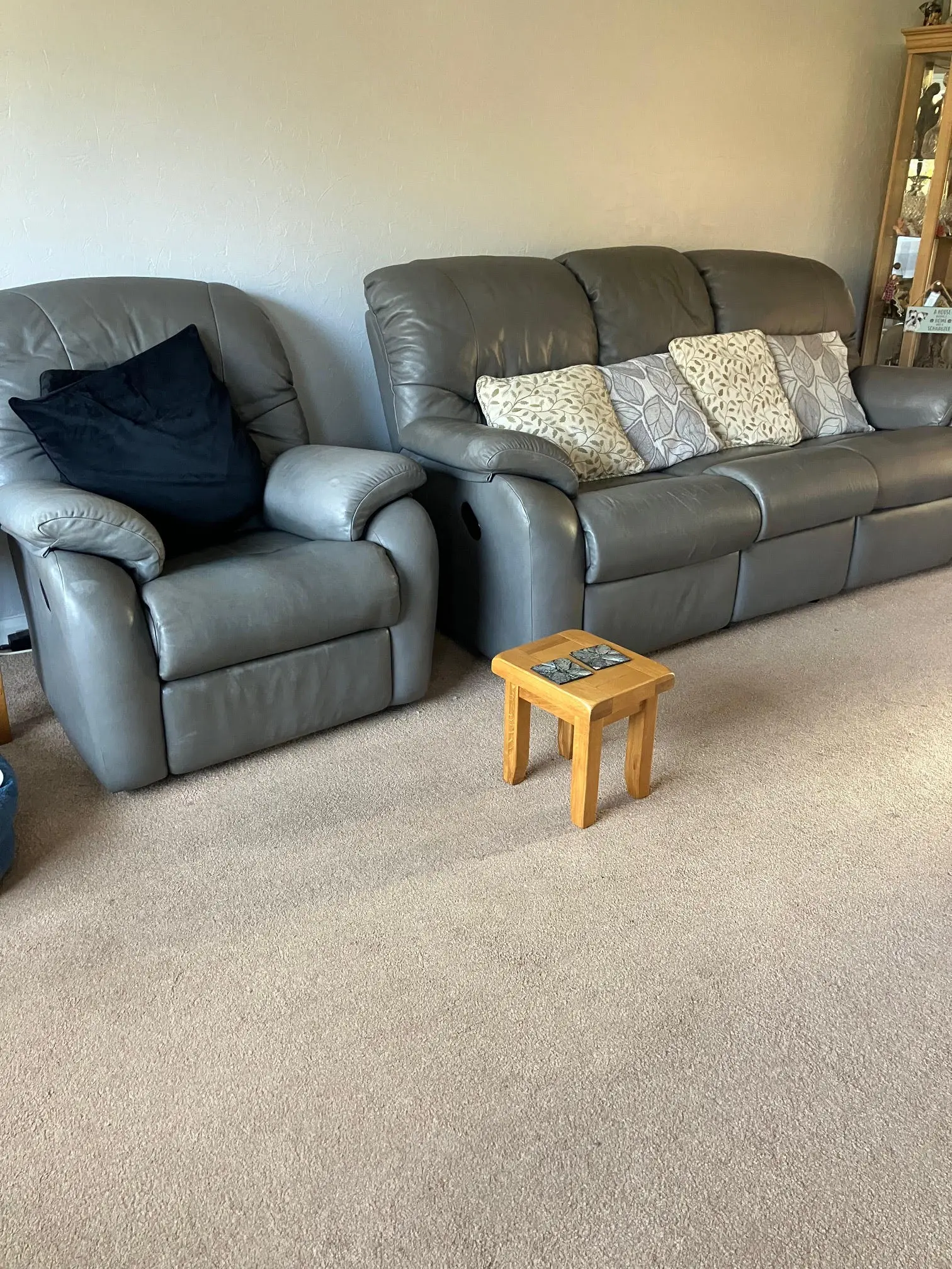 G-Plan light grey leather power reclining sofa and chair, with matching non-reclining sofa and storage footstool