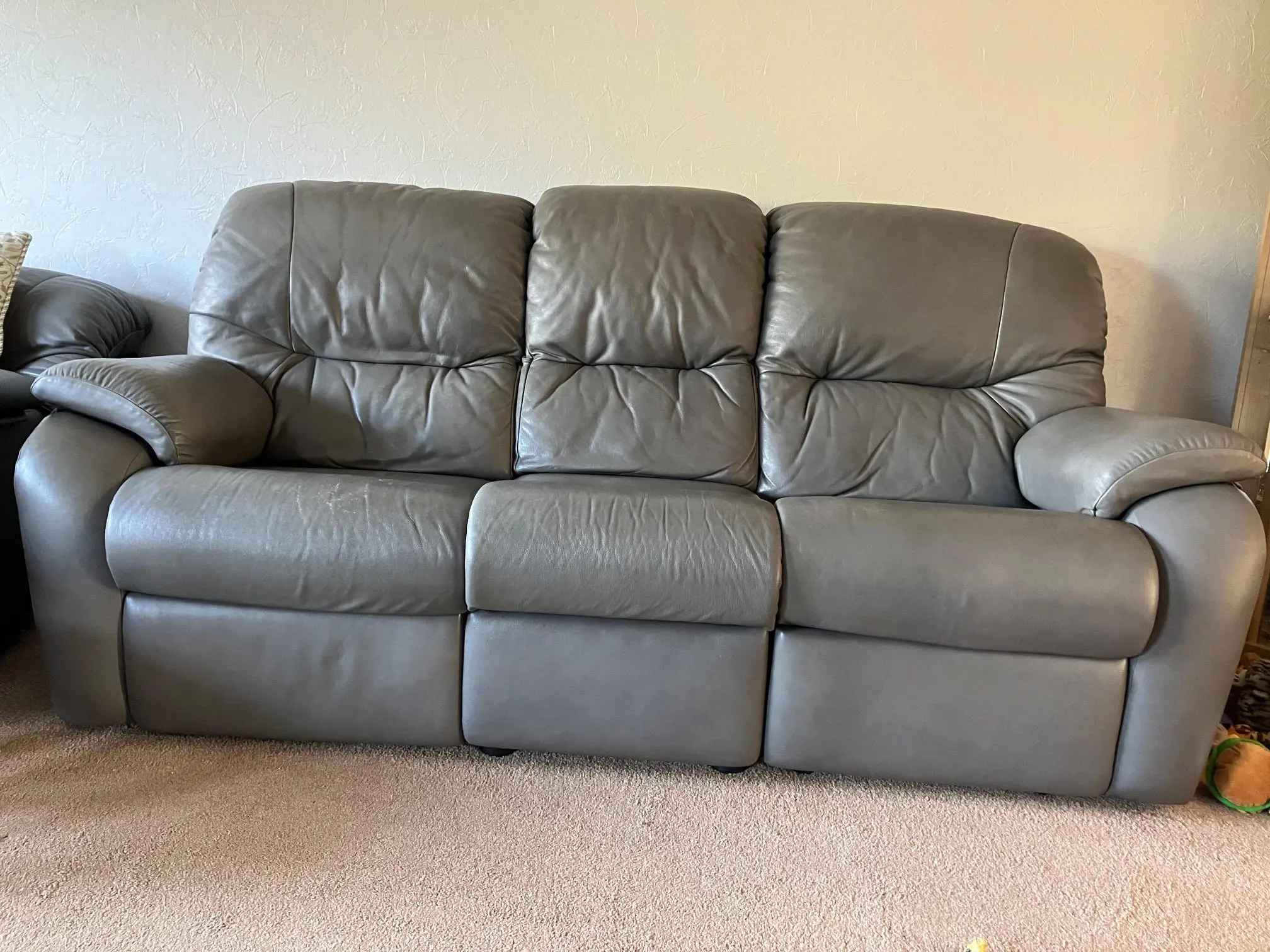 G-Plan light grey leather power reclining sofa and chair, with matching non-reclining sofa and storage footstool