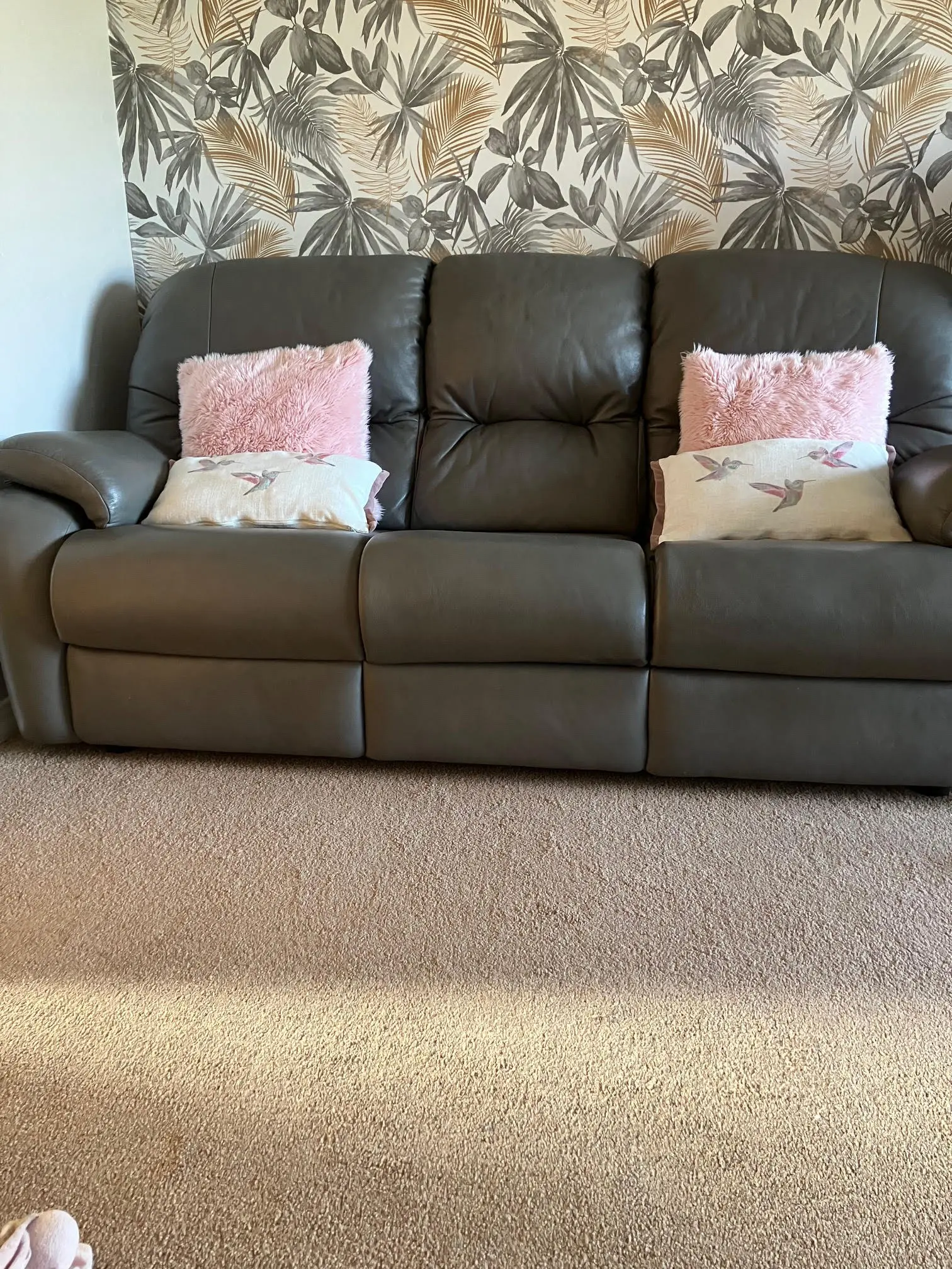 G-Plan light grey leather power reclining sofa and chair, with matching non-reclining sofa and storage footstool