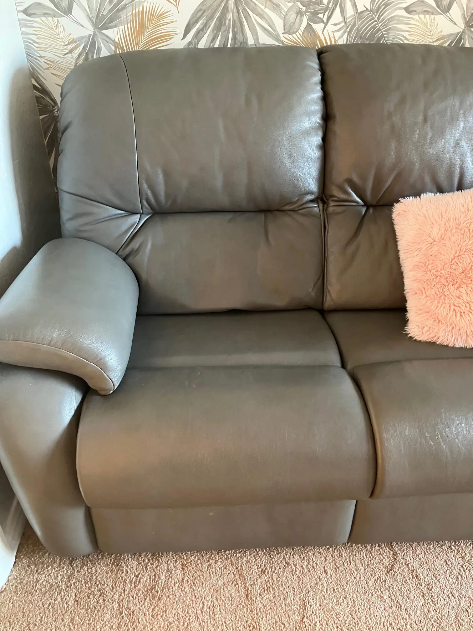 G-Plan light grey leather power reclining sofa and chair, with matching non-reclining sofa and storage footstool