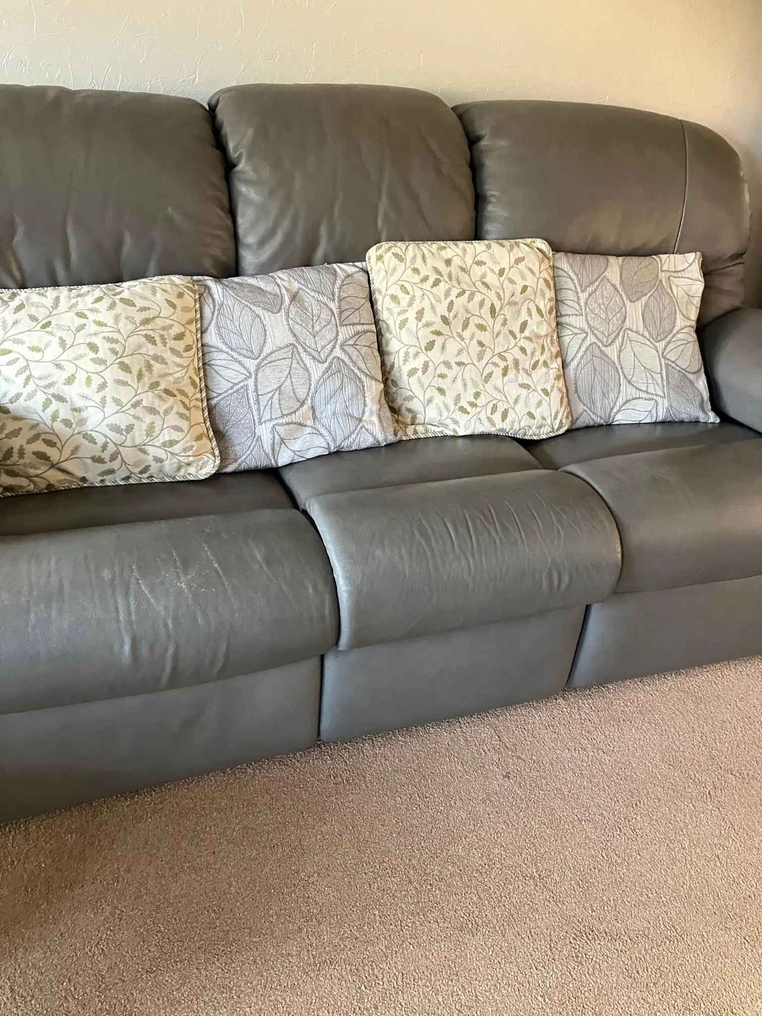 G-Plan light grey leather power reclining sofa and chair, with matching non-reclining sofa and storage footstool