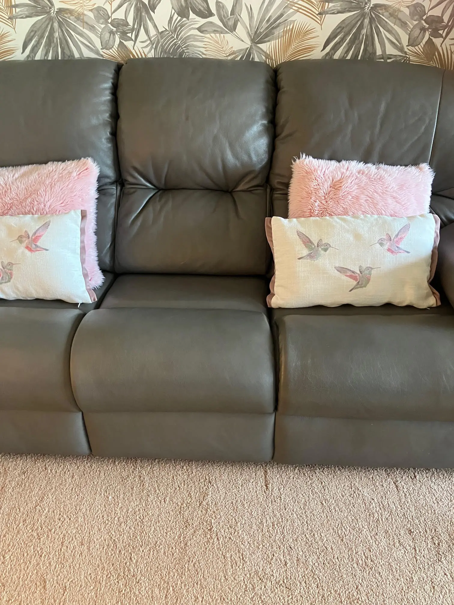 G-Plan light grey leather power reclining sofa and chair, with matching non-reclining sofa and storage footstool