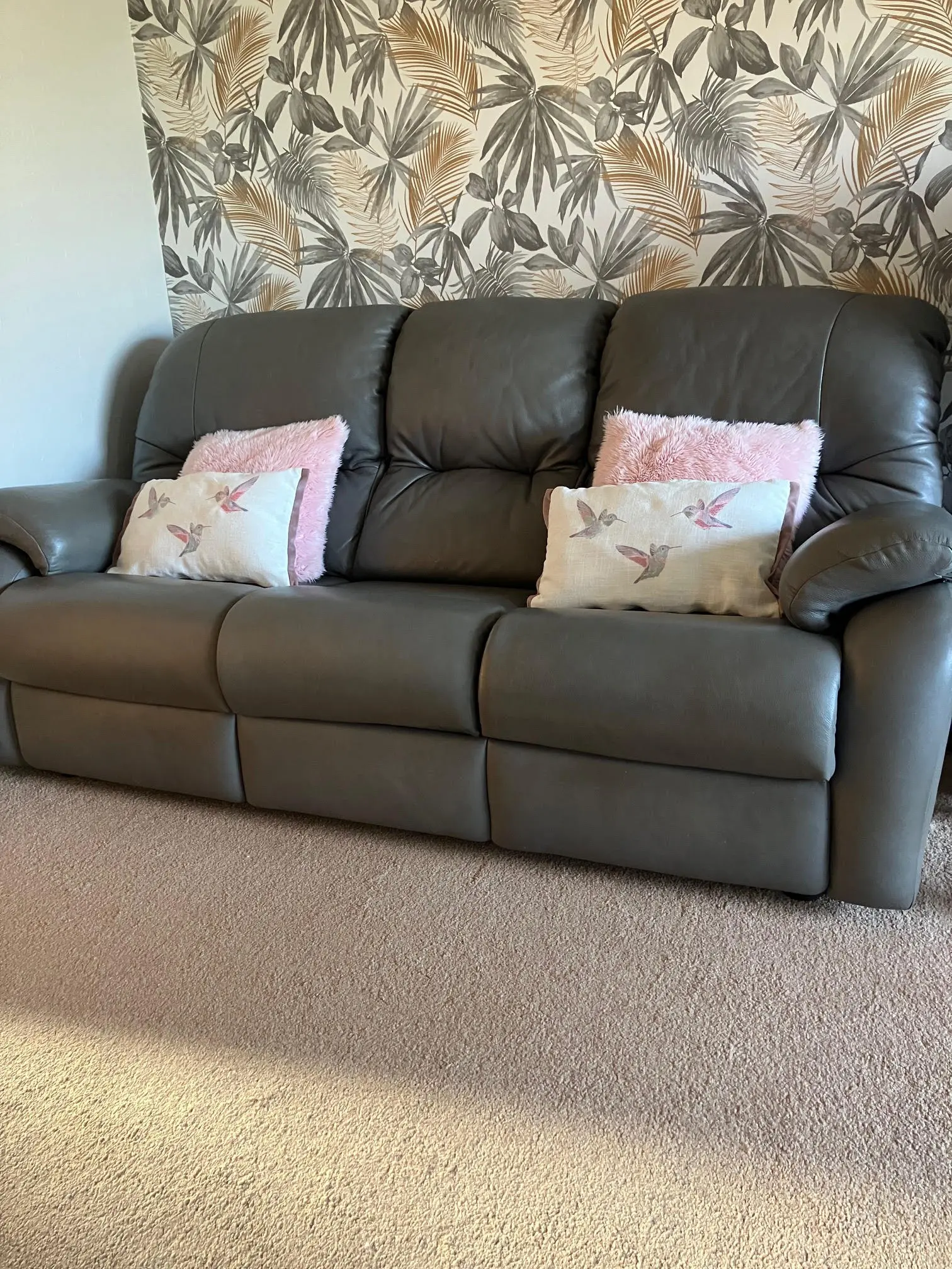 G-Plan light grey leather power reclining sofa and chair, with matching non-reclining sofa and storage footstool