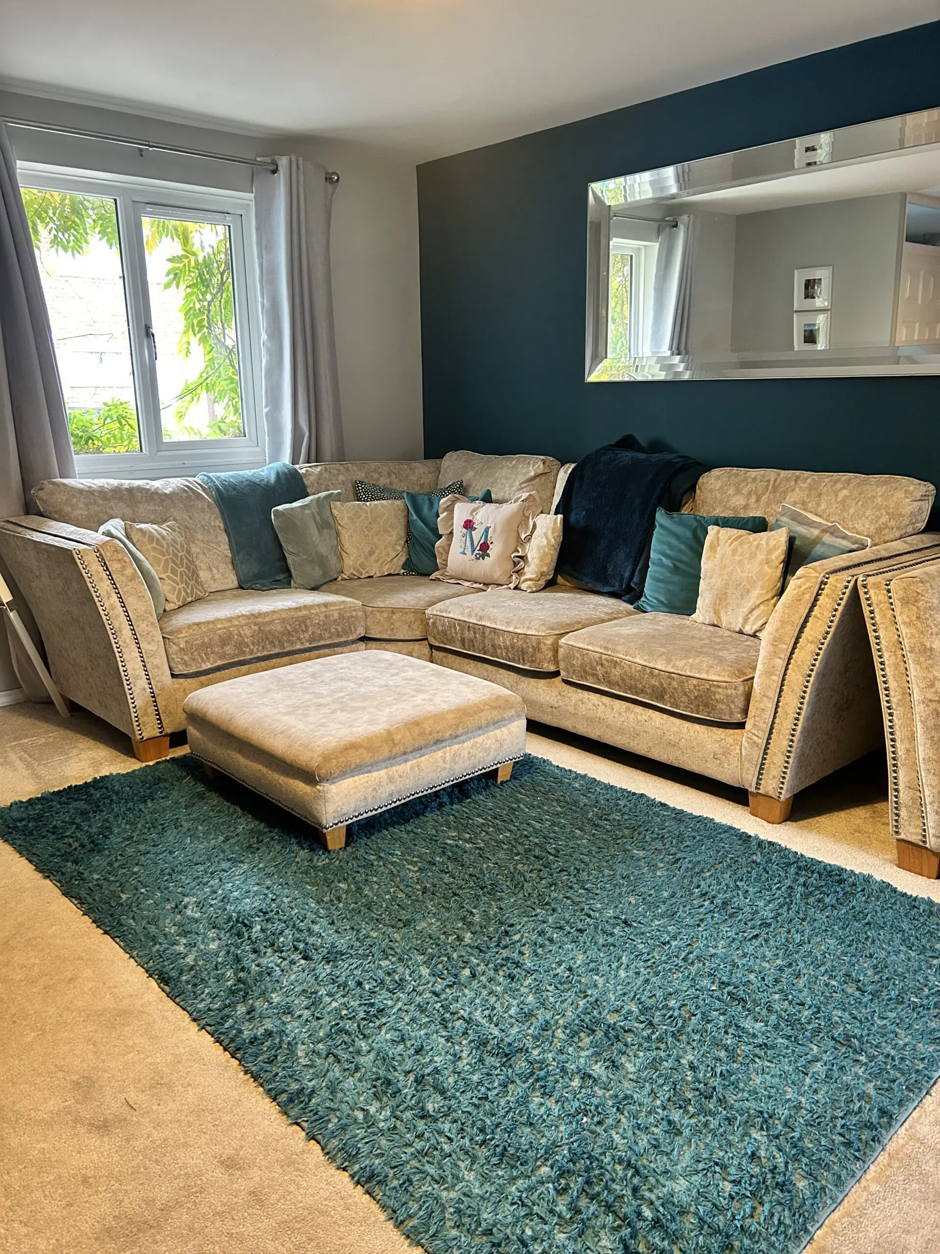 Large L shaped sofa, pouffe and snug chair