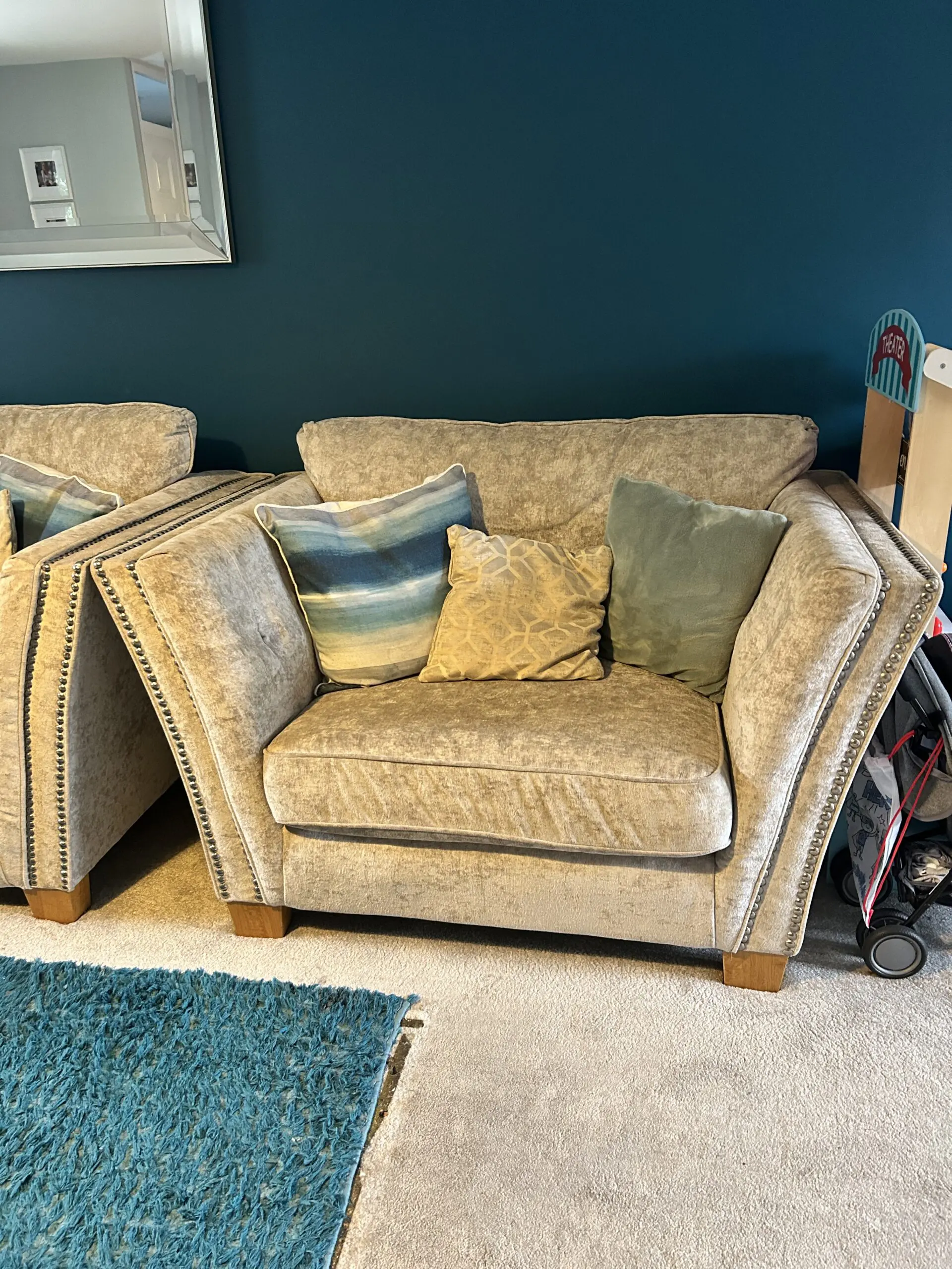 Large L shaped sofa, pouffe and snug chair