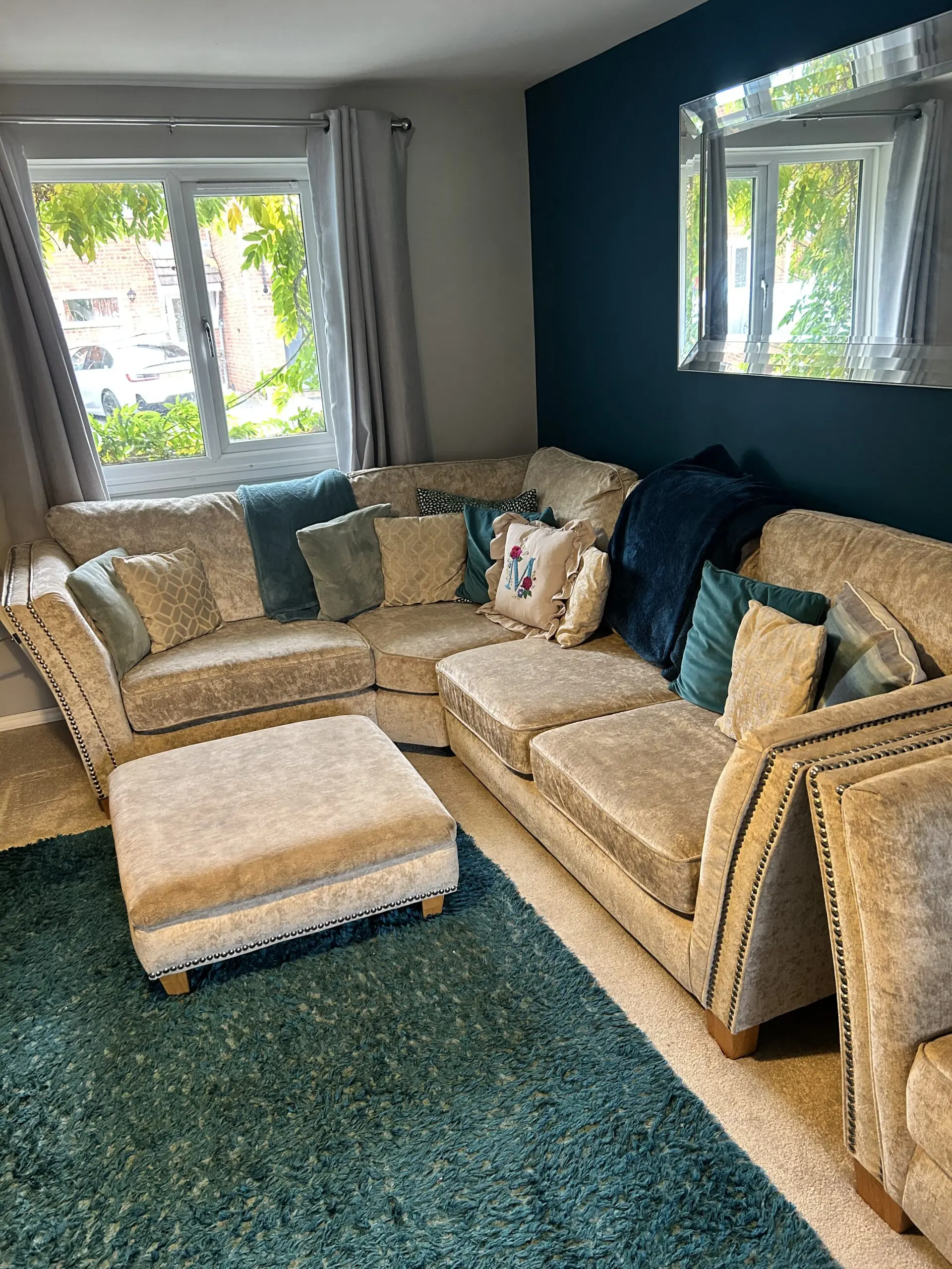 Large L shaped sofa, pouffe and snug chair