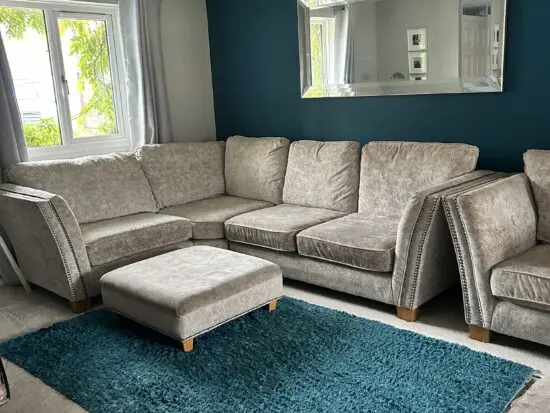 Large L shaped sofa, pouffe and snug chair