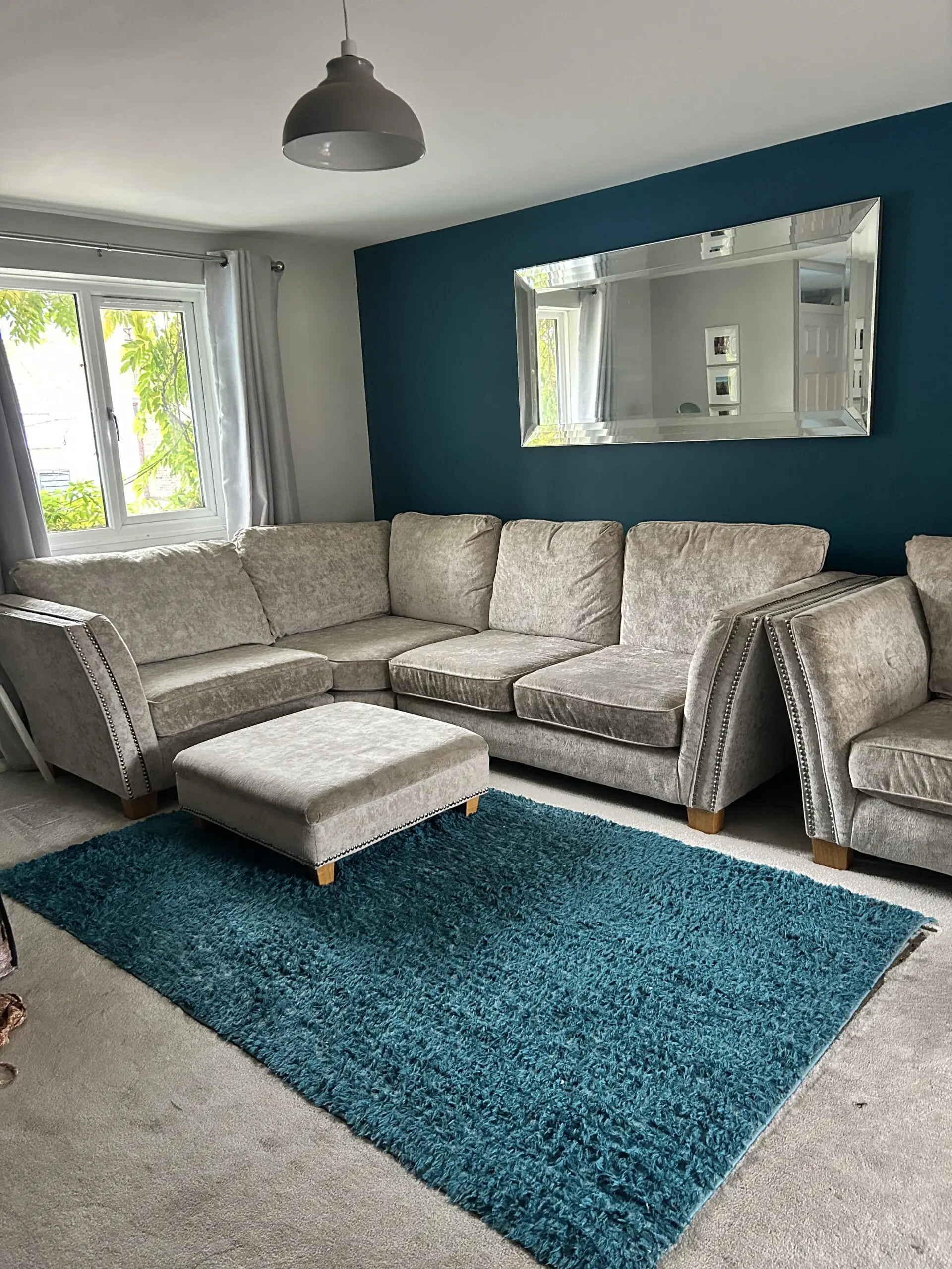 Large L shaped sofa, pouffe and snug chair