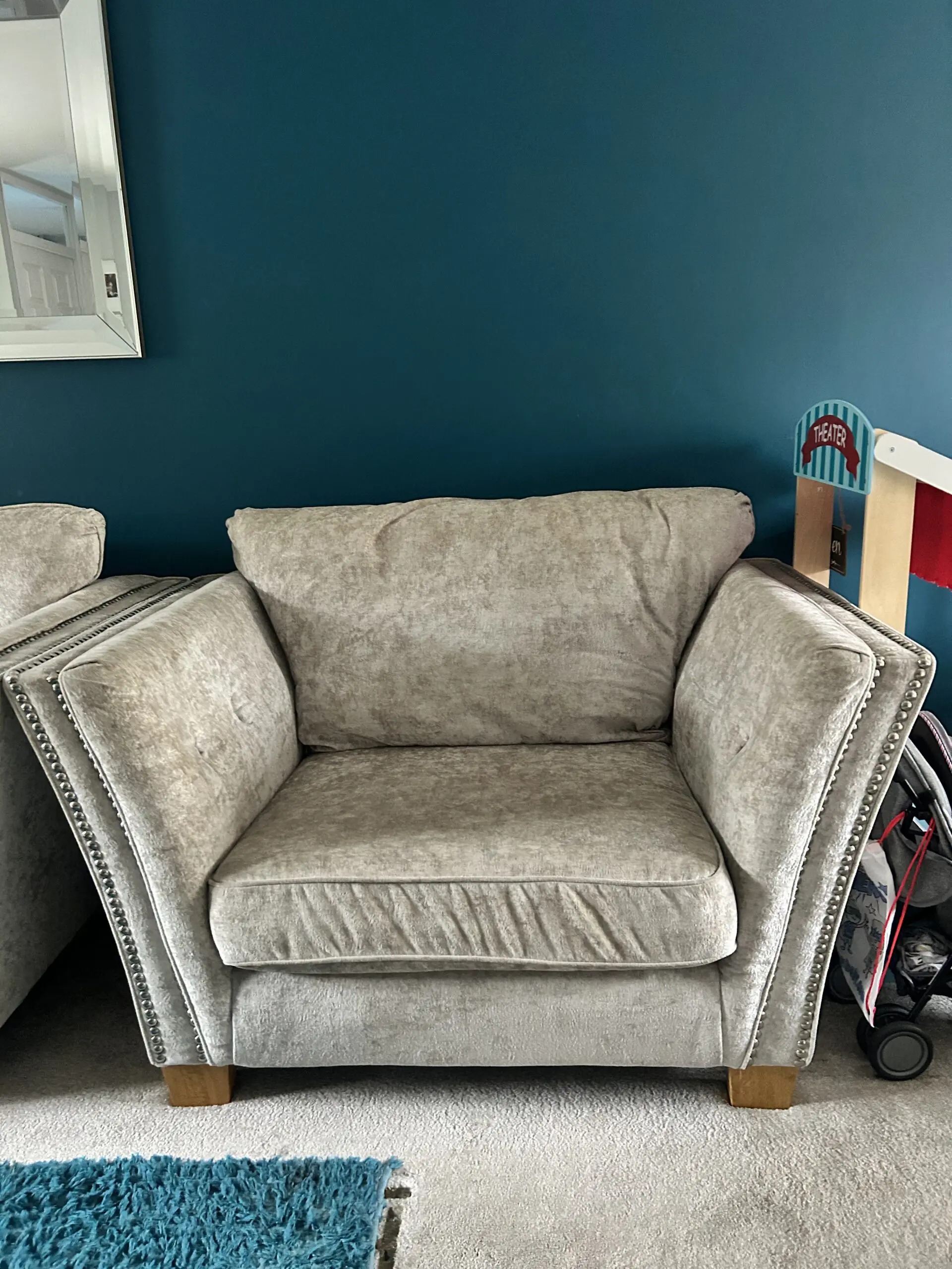 Large L shaped sofa, pouffe and snug chair