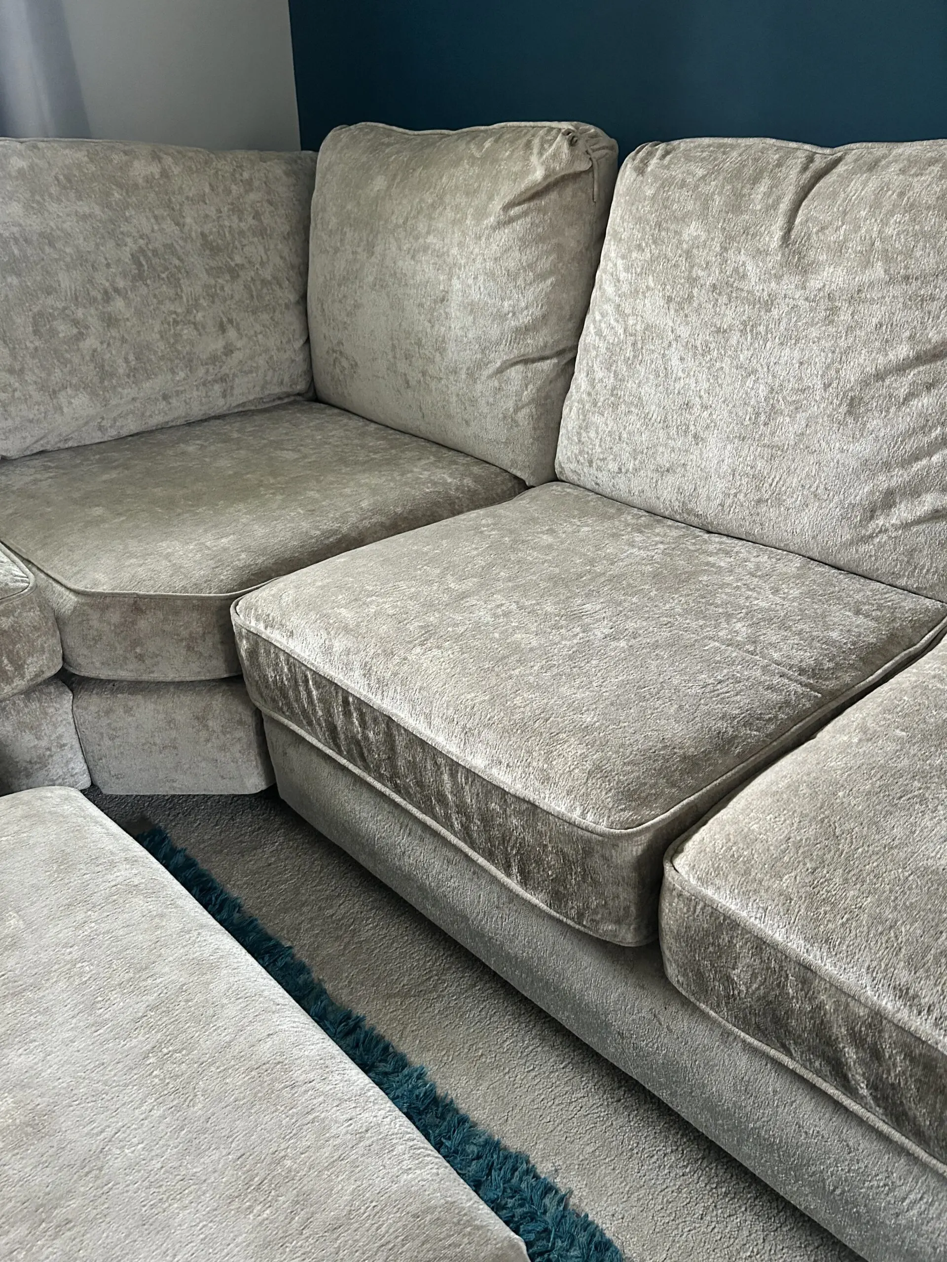 Large L shaped sofa, pouffe and snug chair