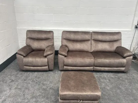 Faxon 3str power recliner sofa with a recliner chair and a storage footstool