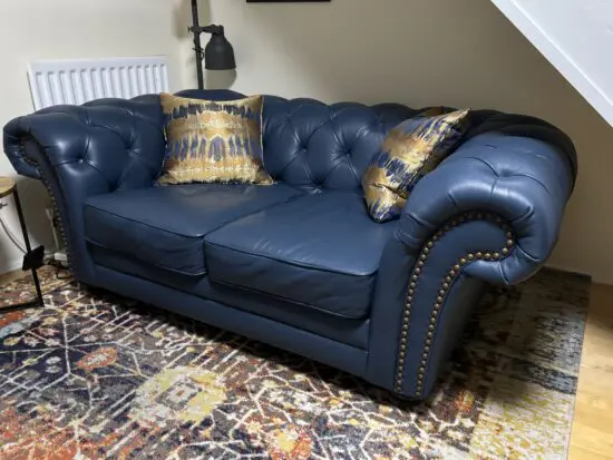 DFS denim blue 2 seat leather chesterfield