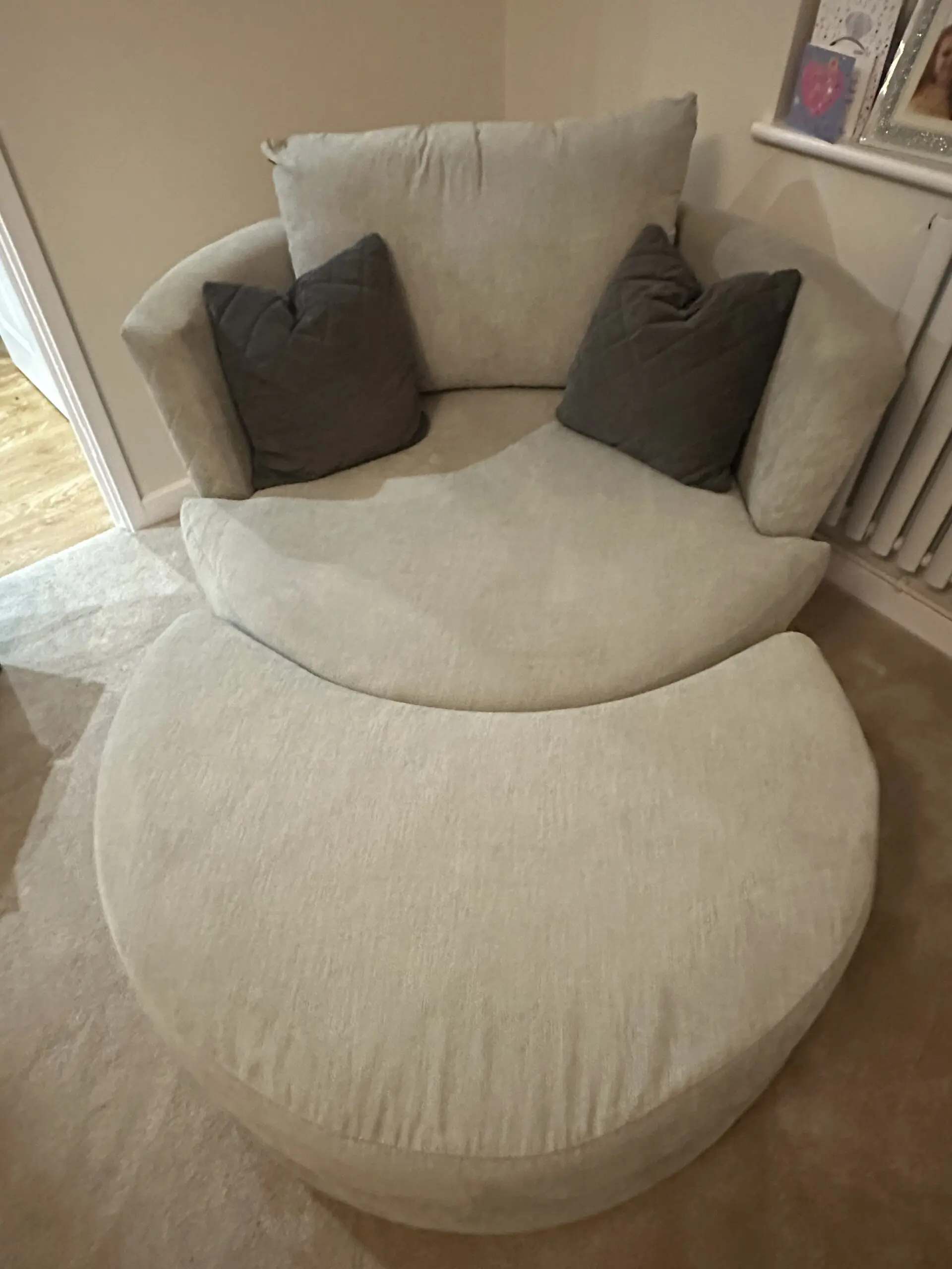 Grey L corner sofa with swivel chair and foot stall