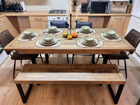 Malmo Reclaimed Timber 180cm Extending Dining Table + Bench + 4 Kiara Faux Leather Chairs