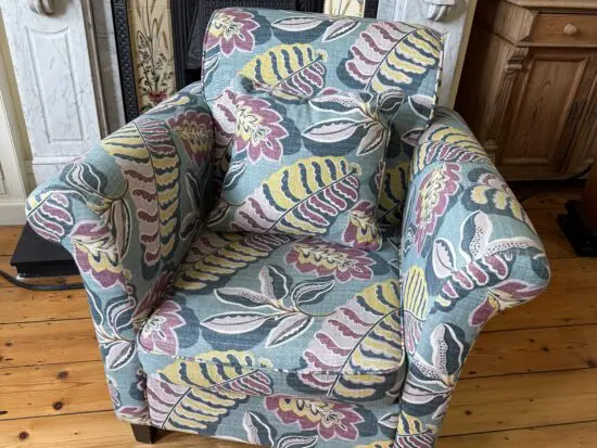 Armchair in Sanderson Fitzroy Designer Fabric Blue, Mauve, Yellow
