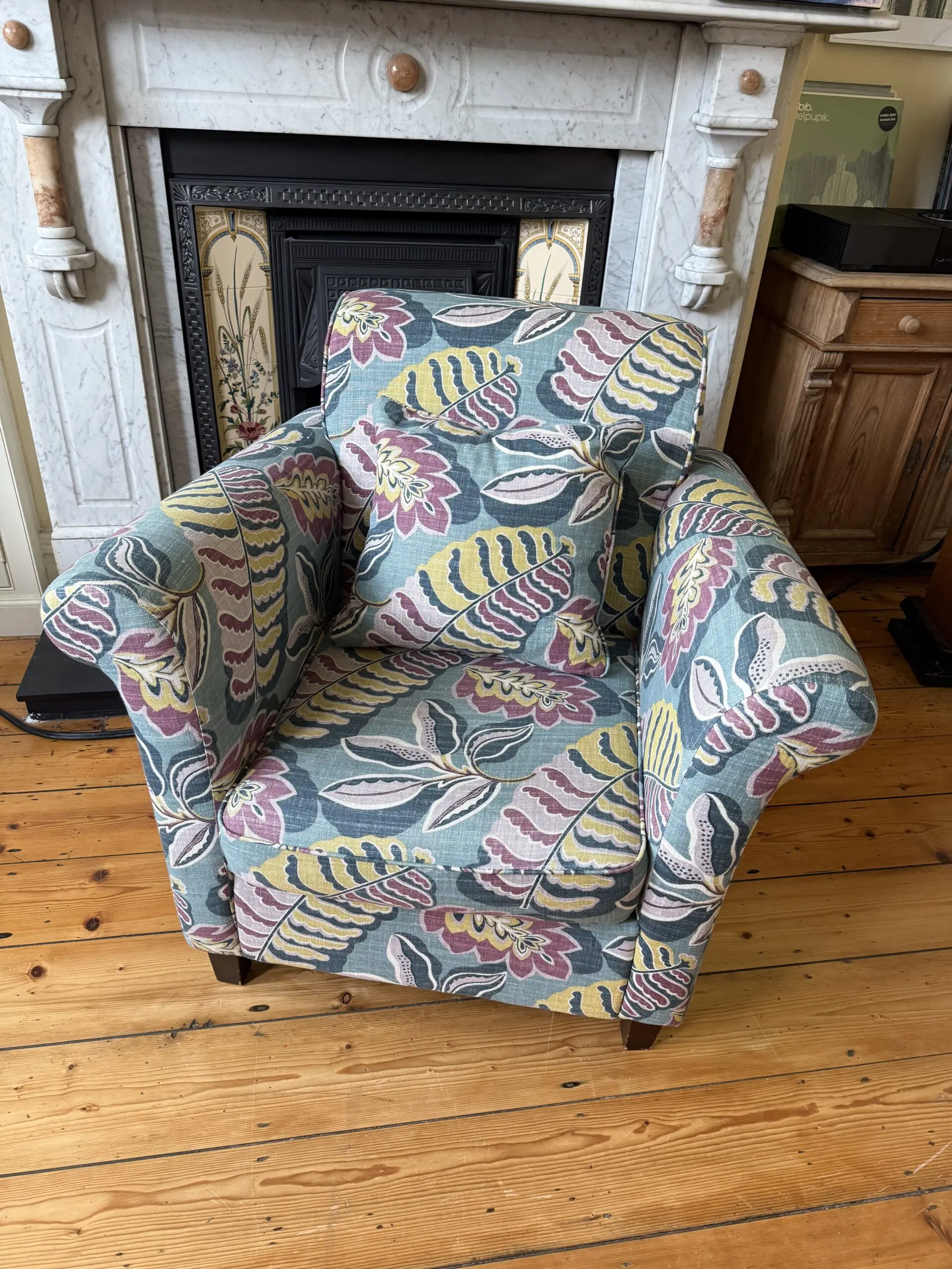 Armchair in Sanderson Fitzroy Designer Fabric Blue, Mauve, Yellow