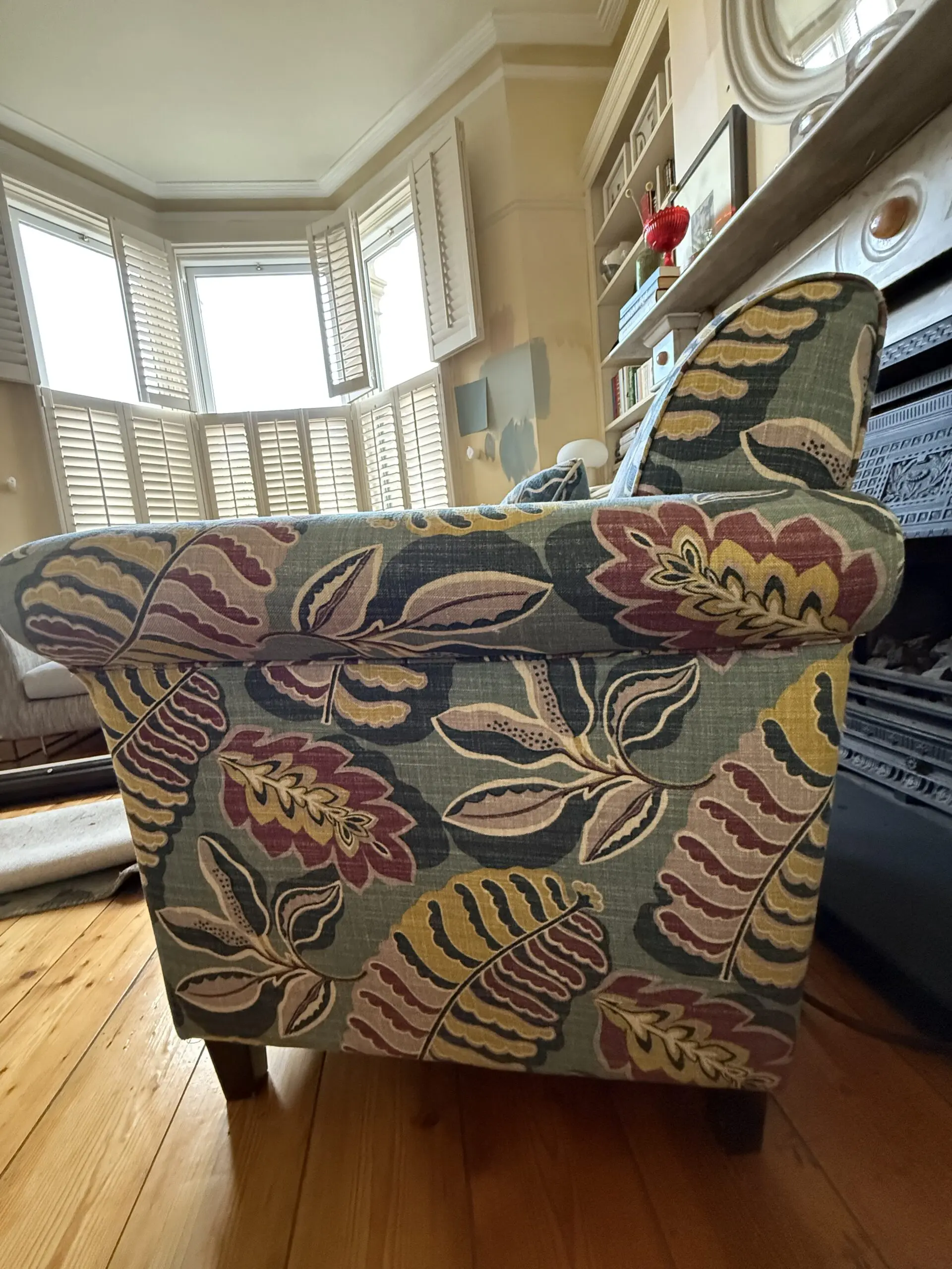 Armchair in Sanderson Fitzroy Designer Fabric Blue, Mauve, Yellow